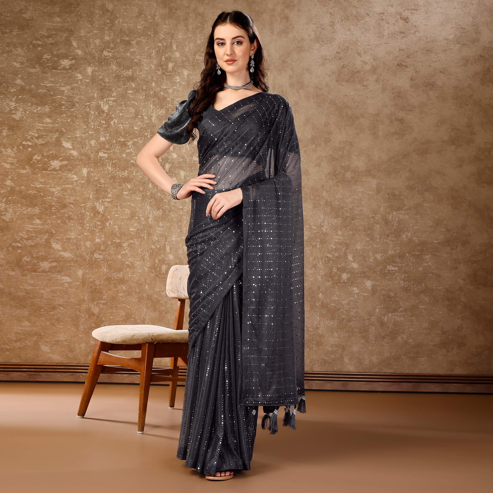 Grey Tikali Work Lycra Saree With Tassels