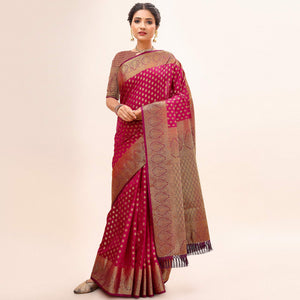 Rani Pink Woven Dola Silk Saree With Tassels