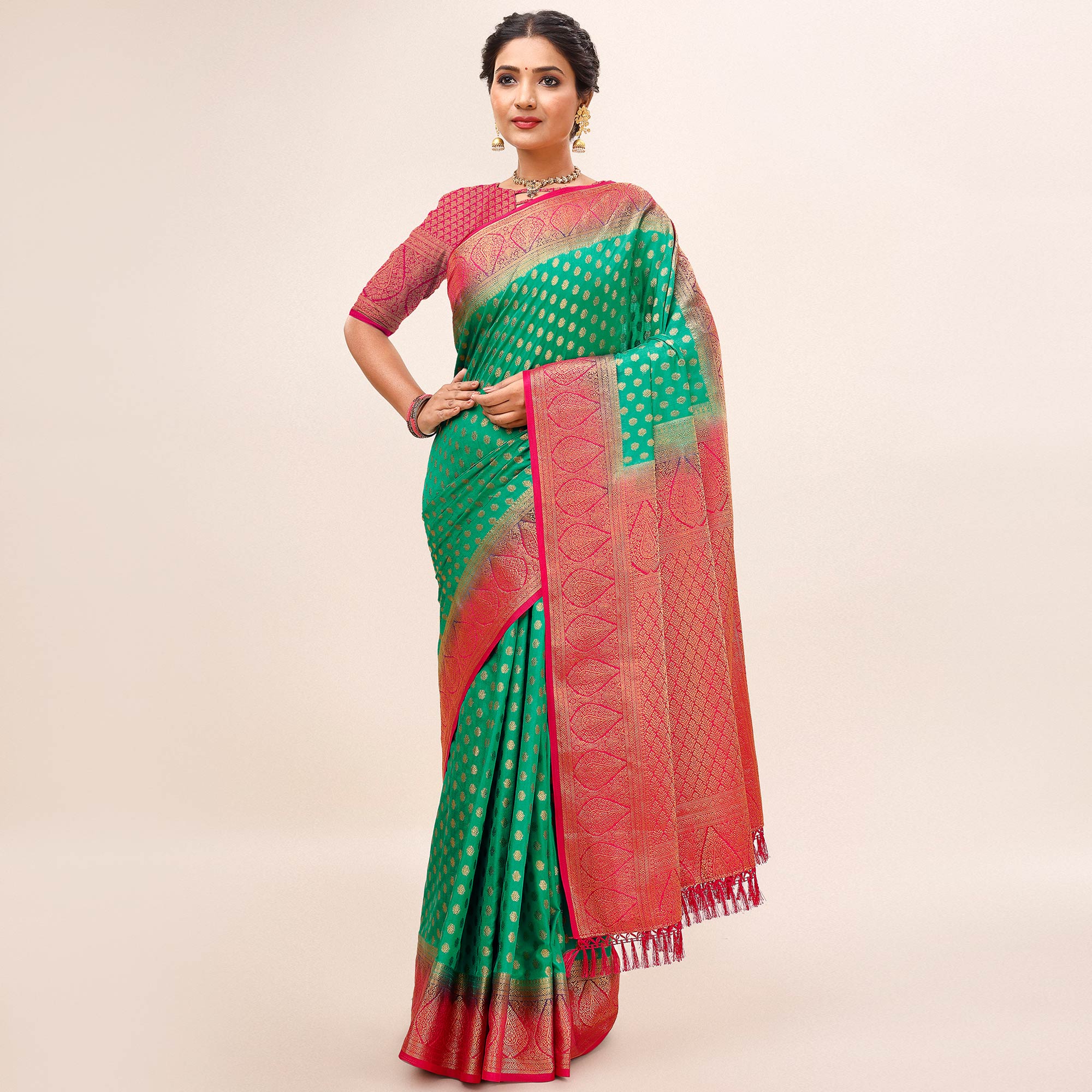 Green Woven Dola Silk Saree With Tassels