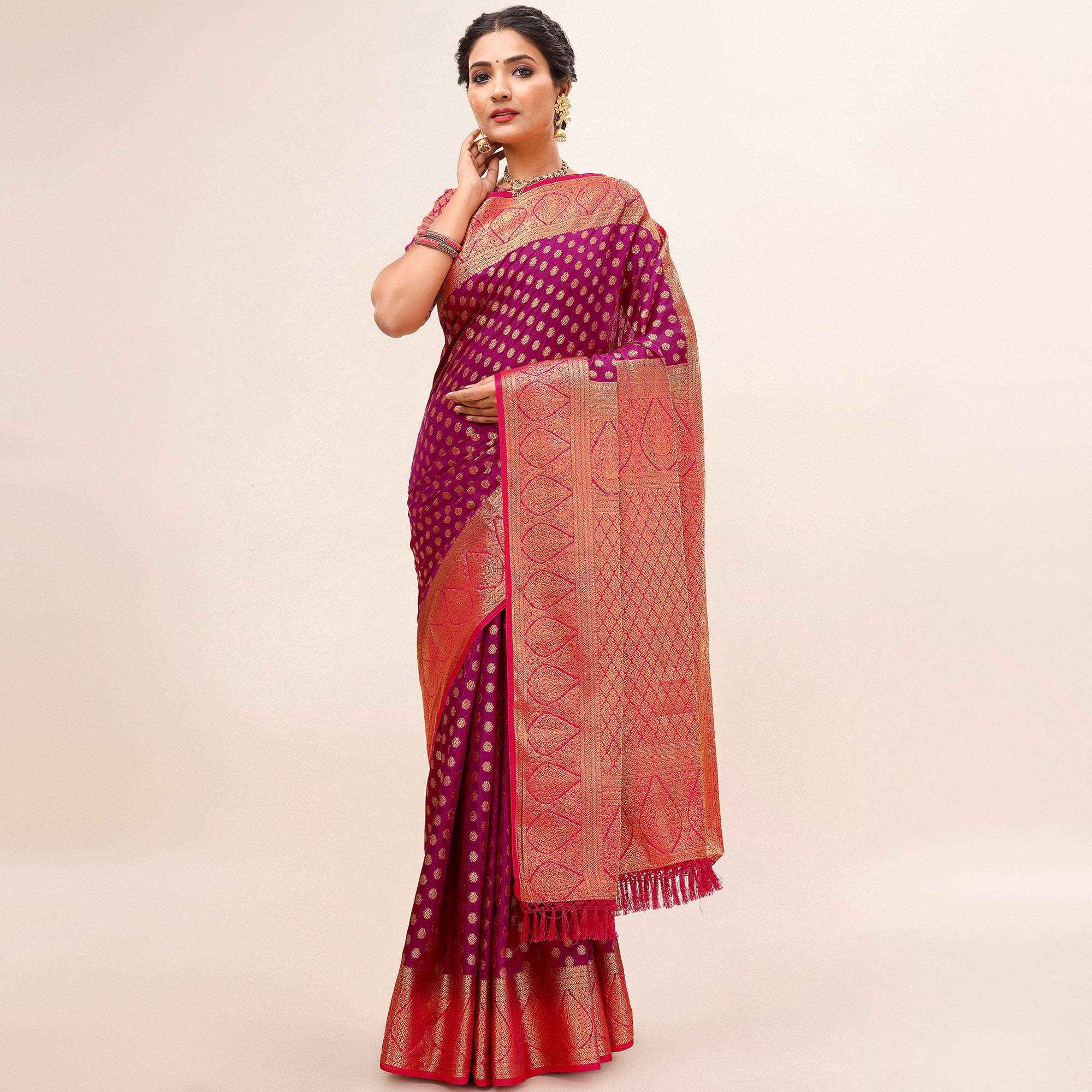 Purple Woven Dola Silk Saree With Tassels