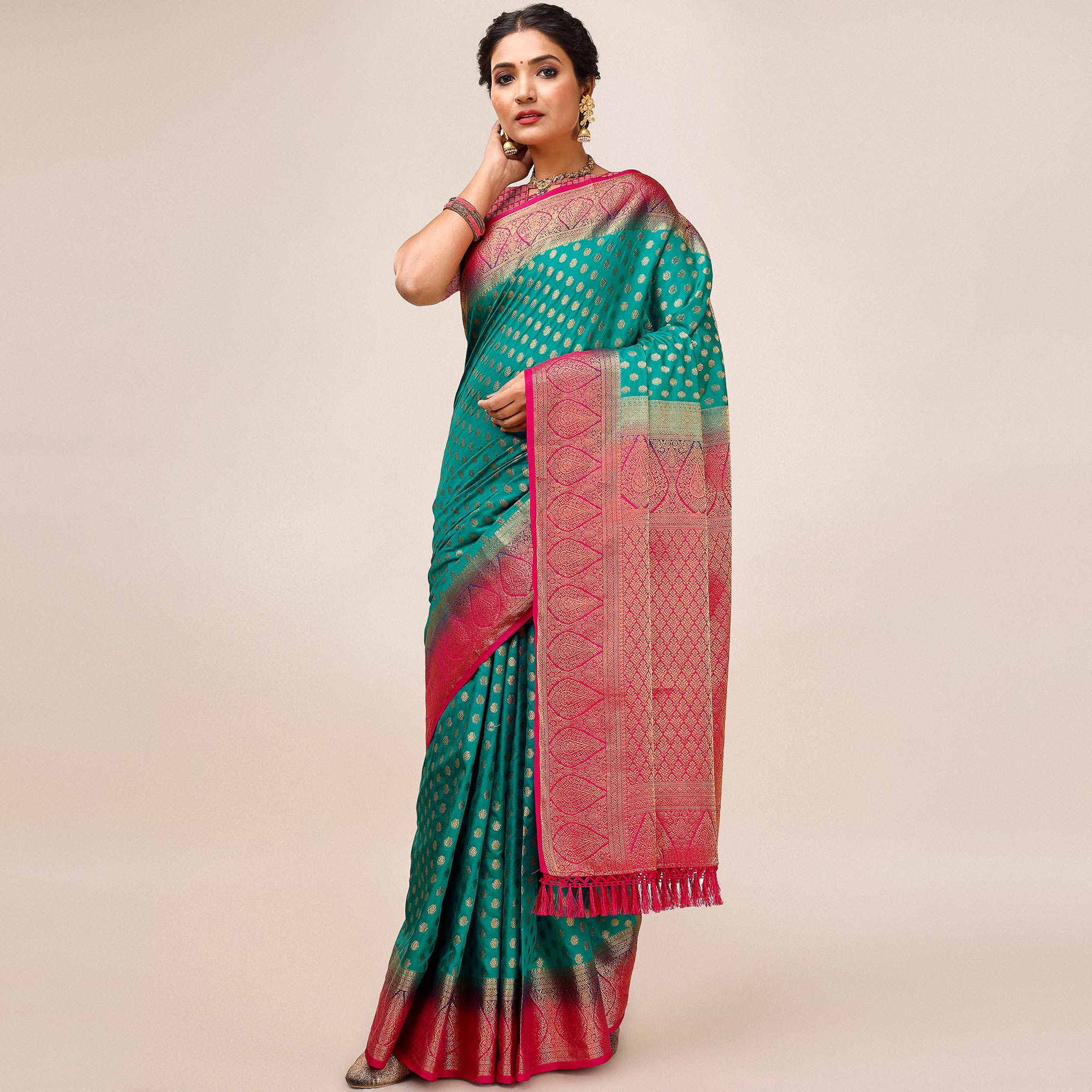 Rama Green Woven Dola Silk Saree With Tassels