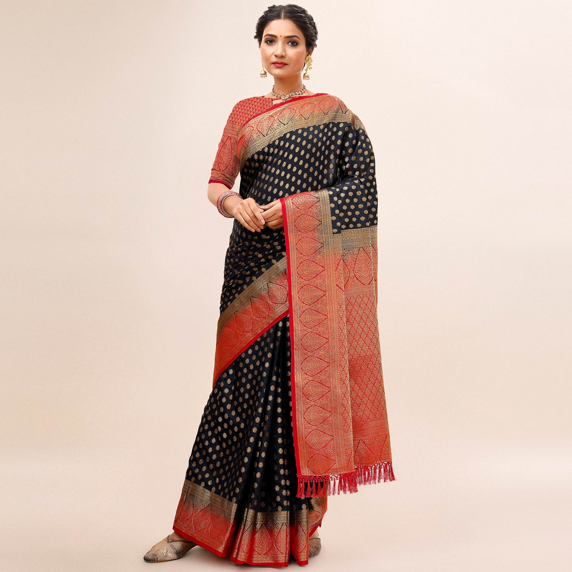 Black Woven Dola Silk Saree With Tassels