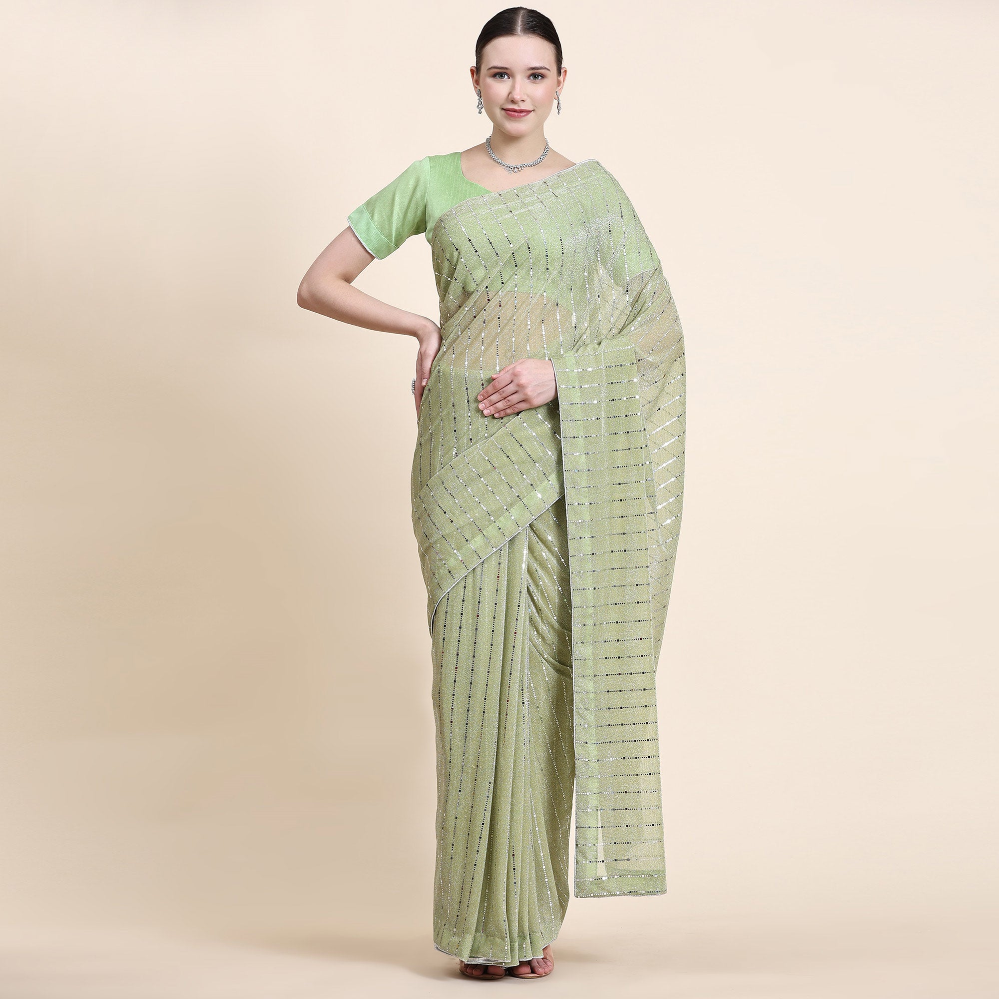 Pista Green Tikali Work Lycra Saree