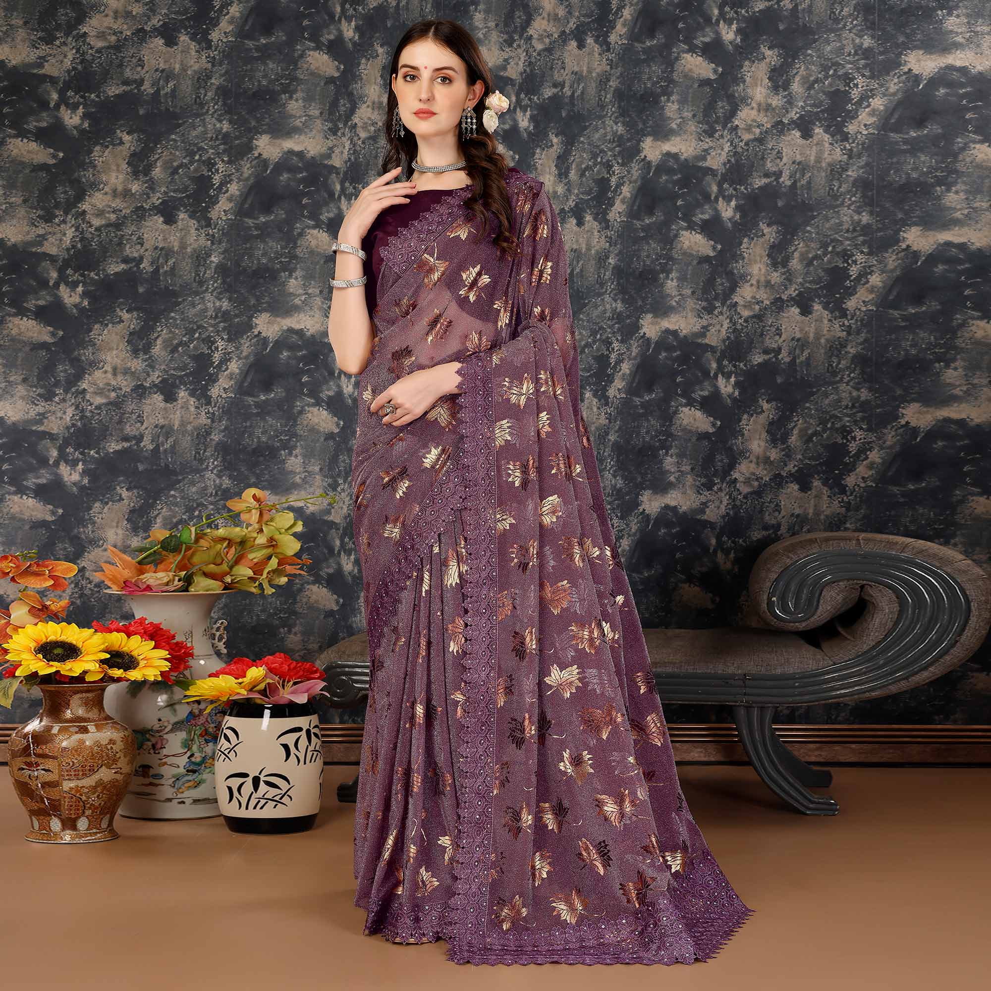 Purple Foil Printed Lycra Saree With Embroidered Lace Border
