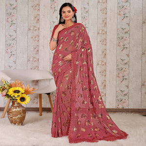 Pink Foil Printed Lycra Saree With Embroidered Lace Border