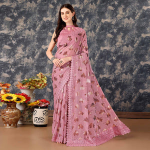 Pink Foil Printed Lycra Saree With Embroidered Lace Border