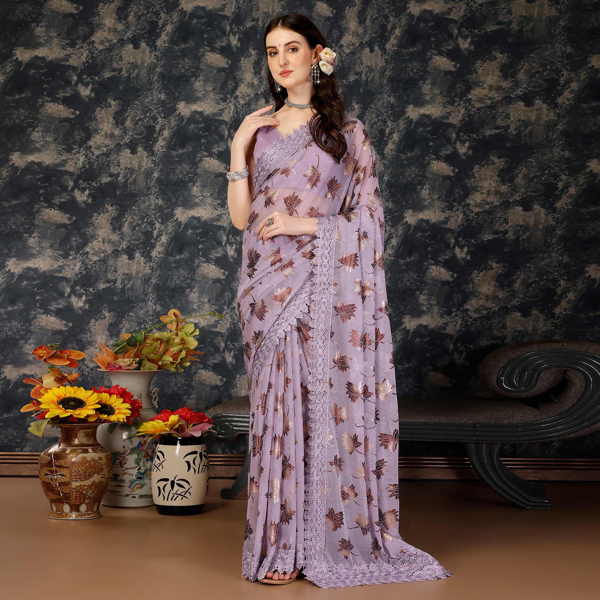 Light Purple Foil Printed Lycra Saree With Embroidered Lace Border
