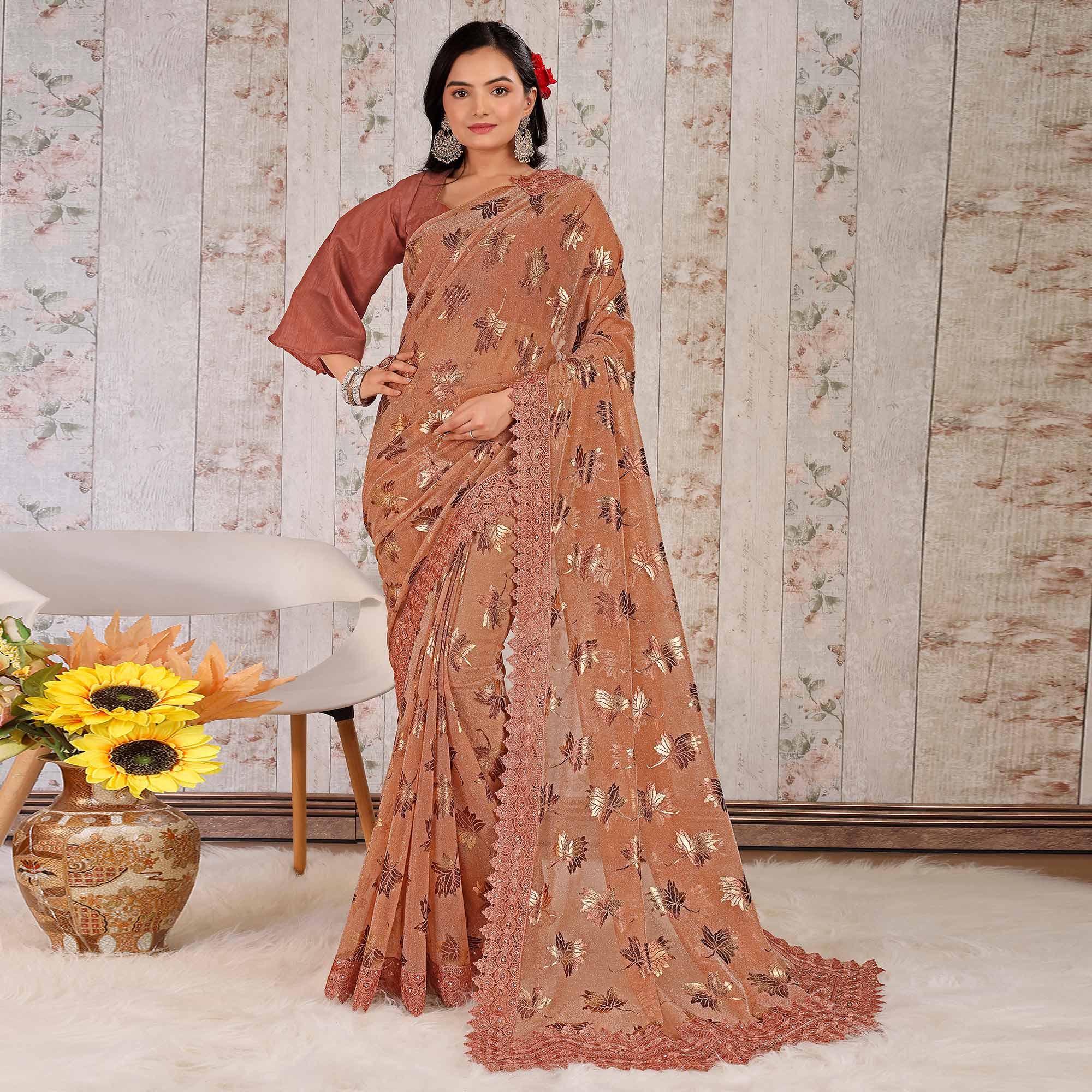 Dusty Peach Foil Printed Lycra Saree With Embroidered Lace Border