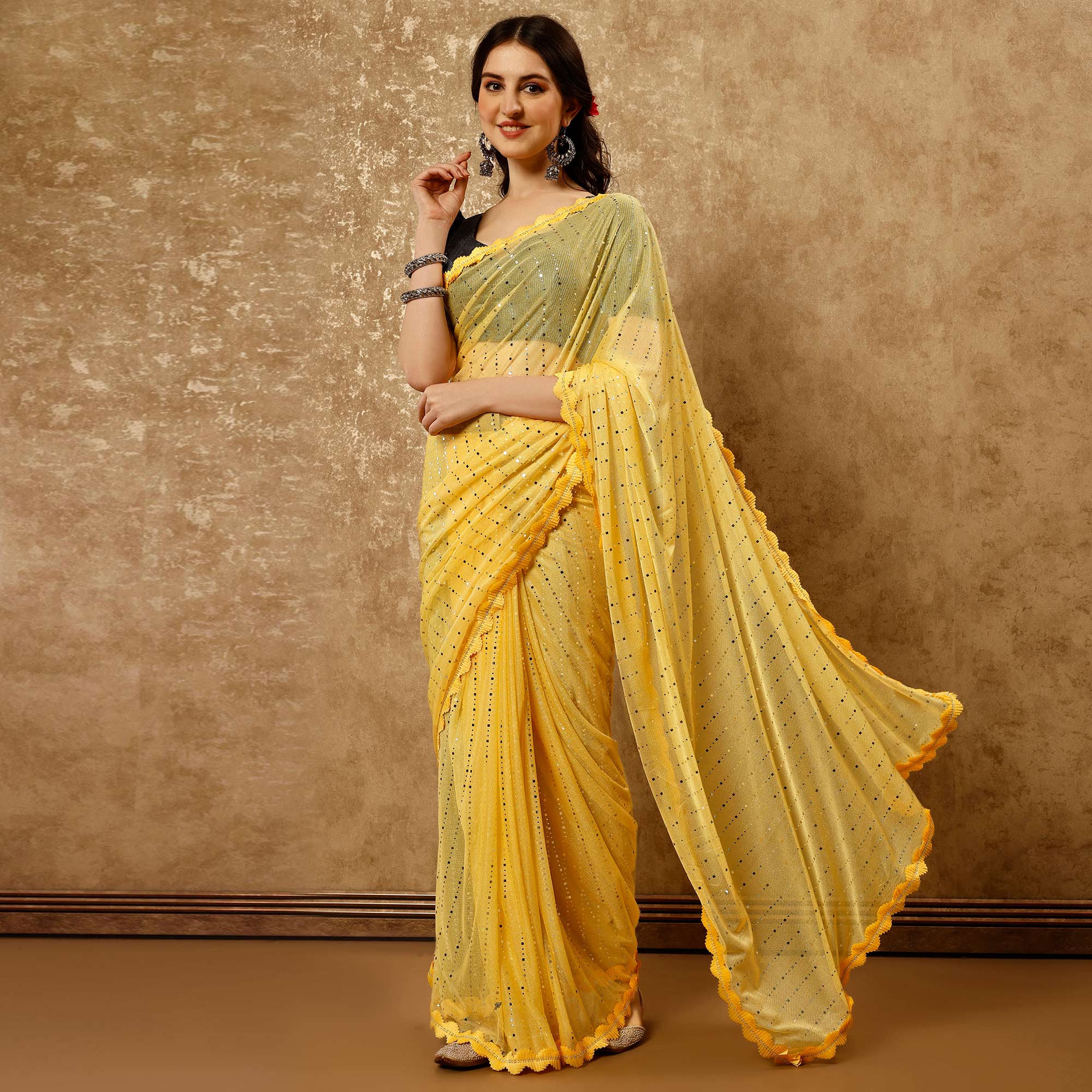 Yellow Tikali With Swarovski Work Lycra Ready To Wear Saree