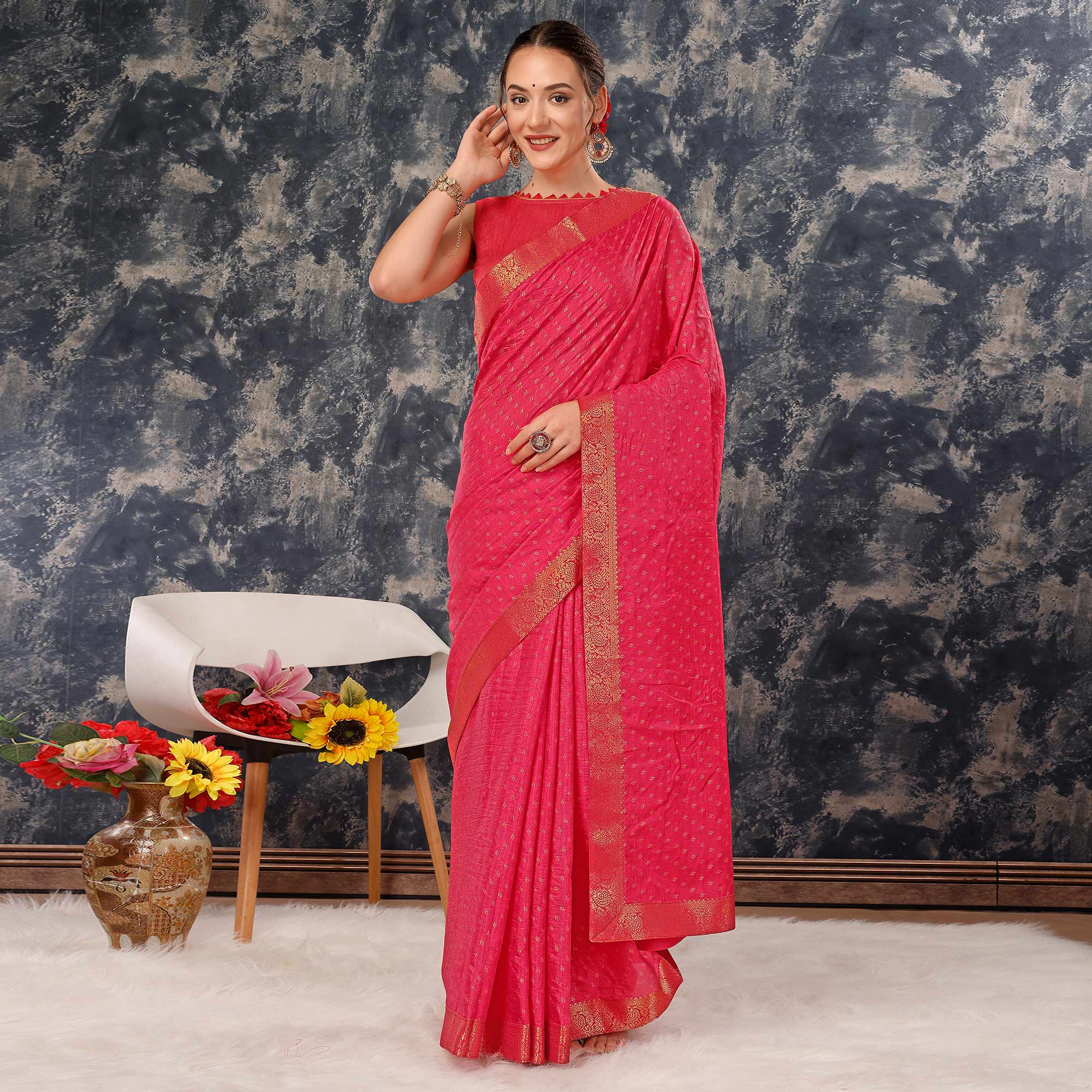 Pink Floral Foil Printed Vichitra Silk Saree With Lace Border