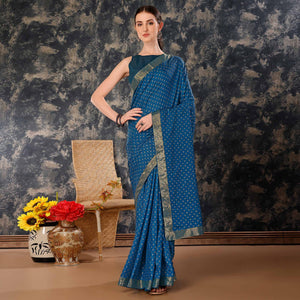 Blue Floral Foil Printed Vichitra Silk Saree With Lace Border