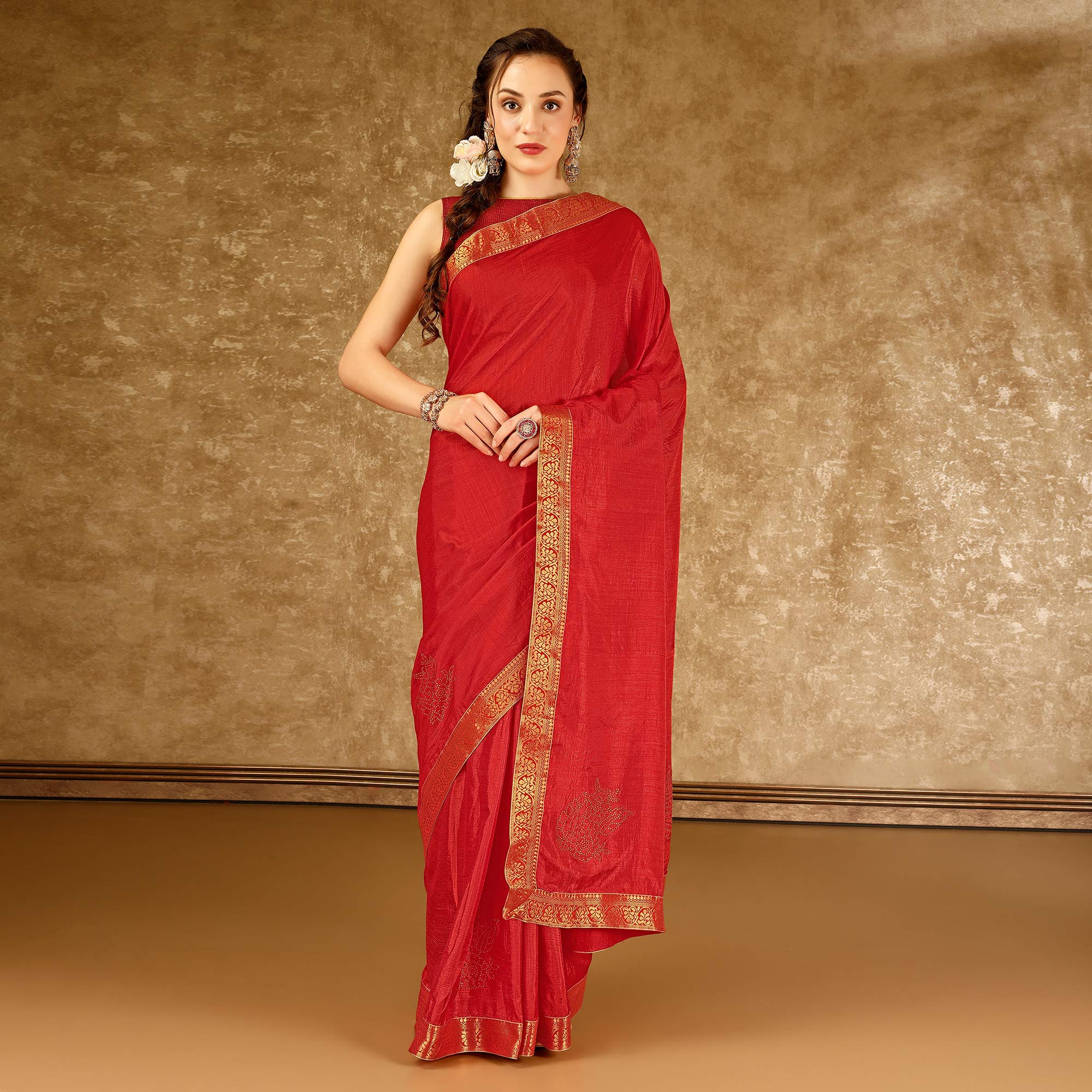 Red Floral Swarovski Work Vichitra Silk Saree With Lace Border
