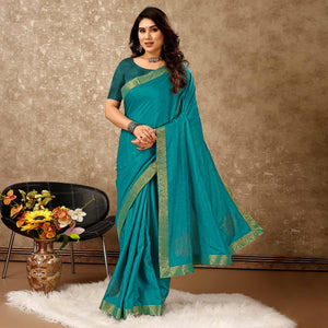 Blue Floral Swarovski Work Vichitra Silk Saree With Lace Border