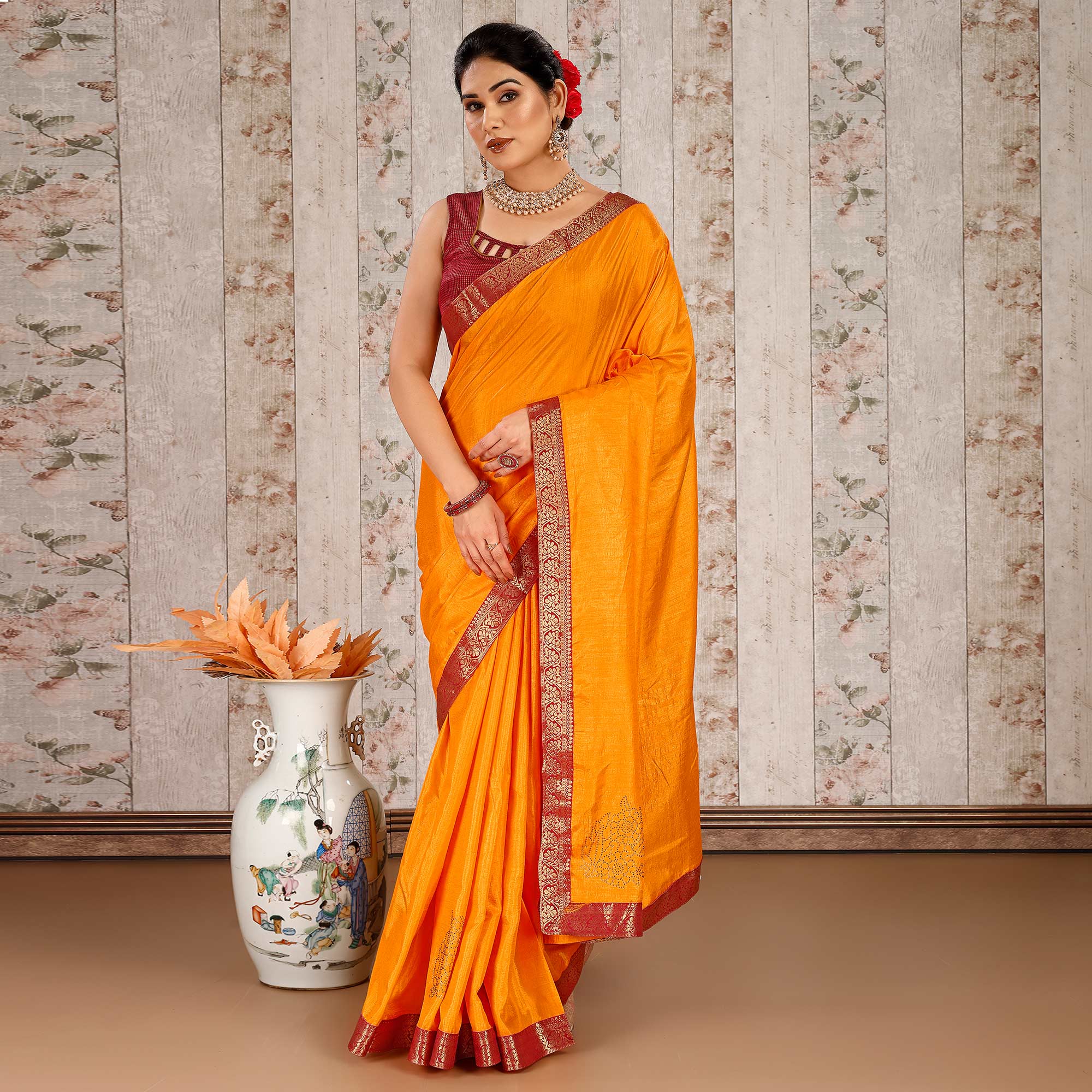 Yellow Floral Swarovski Work Vichitra Silk Saree With Lace Border