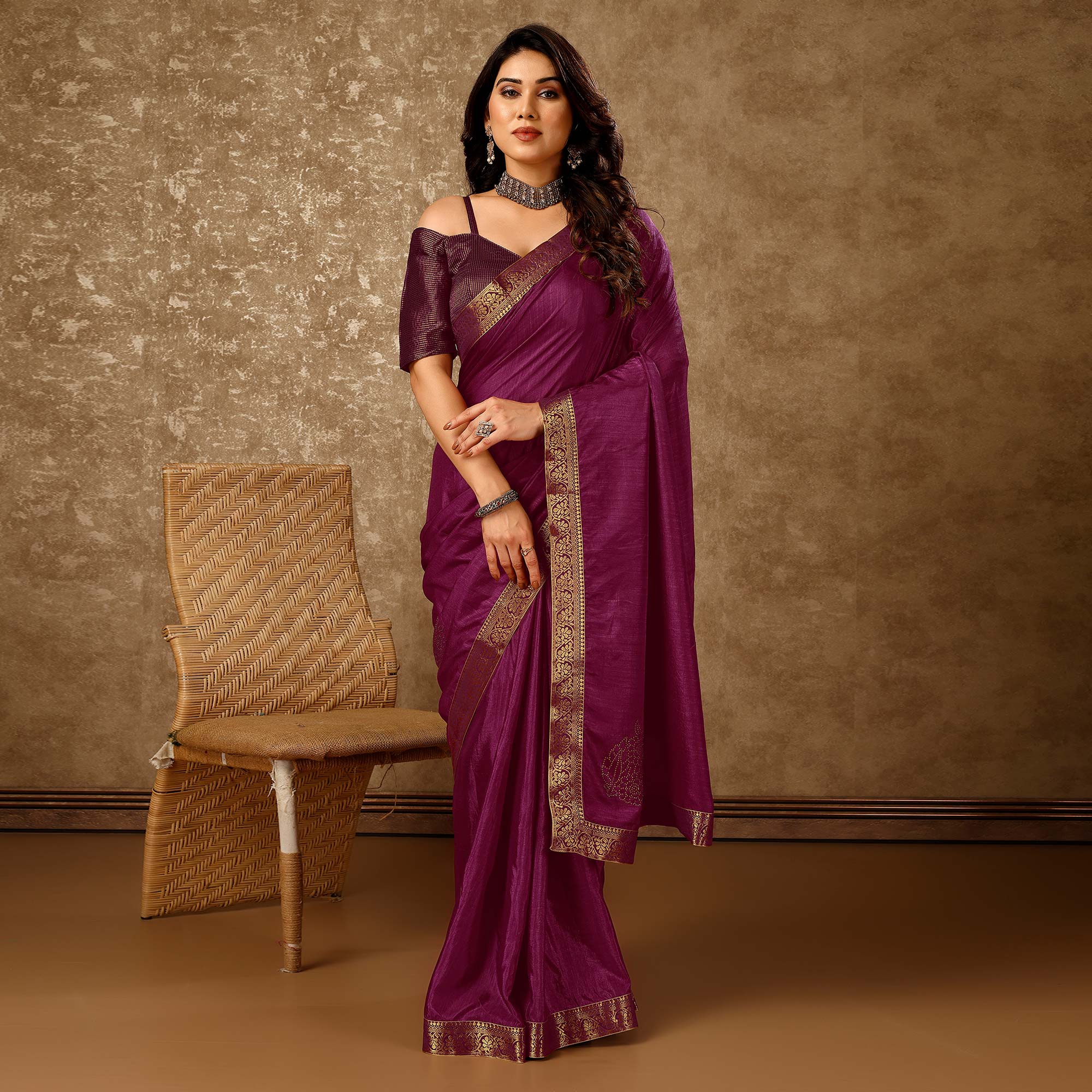 Purple Floral Swarovski Work Vichitra Silk Saree With Lace Border