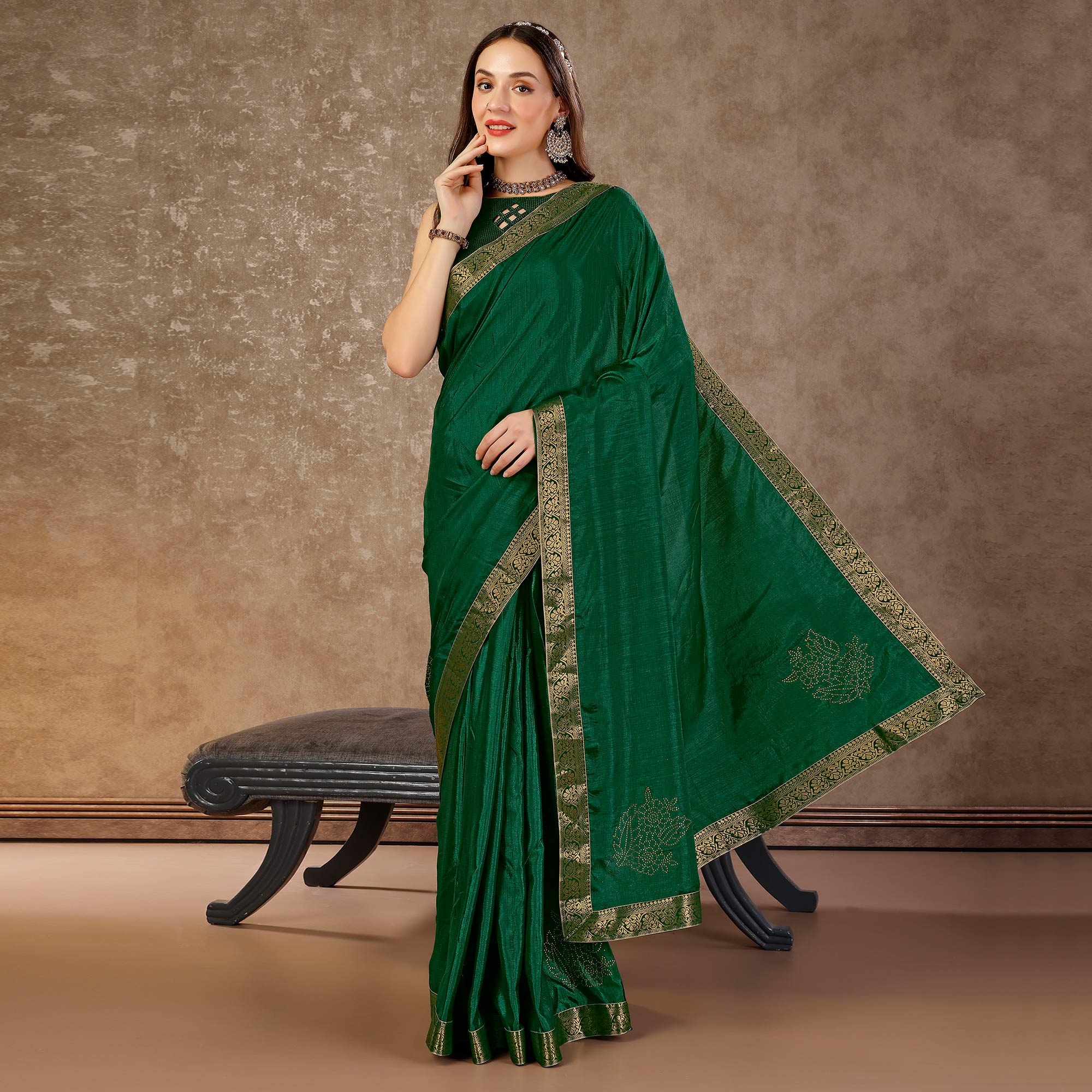 Green Floral Swarovski Work Vichitra Silk Saree With Lace Border