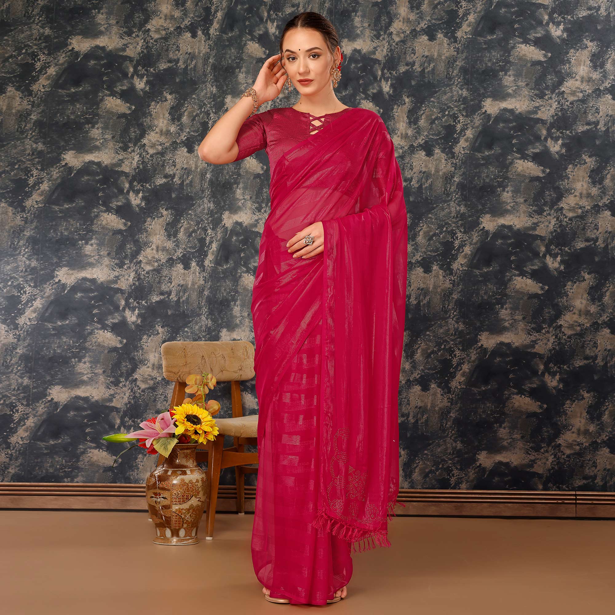 Rani Pink Swarovski Work Chiffon Saree With Tassels