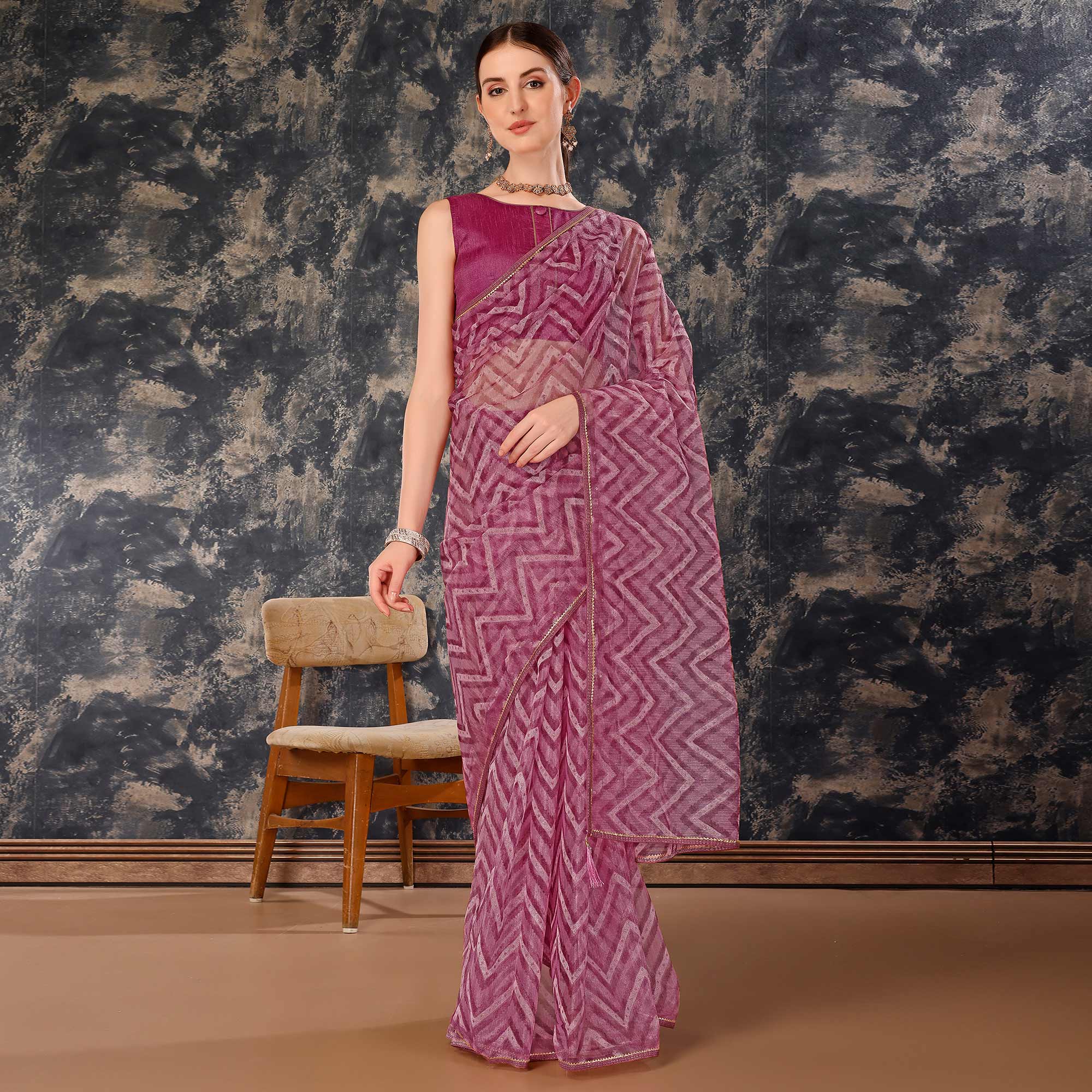 Purple Printed With Zari Work Cotton Silk Saree With Lace Border