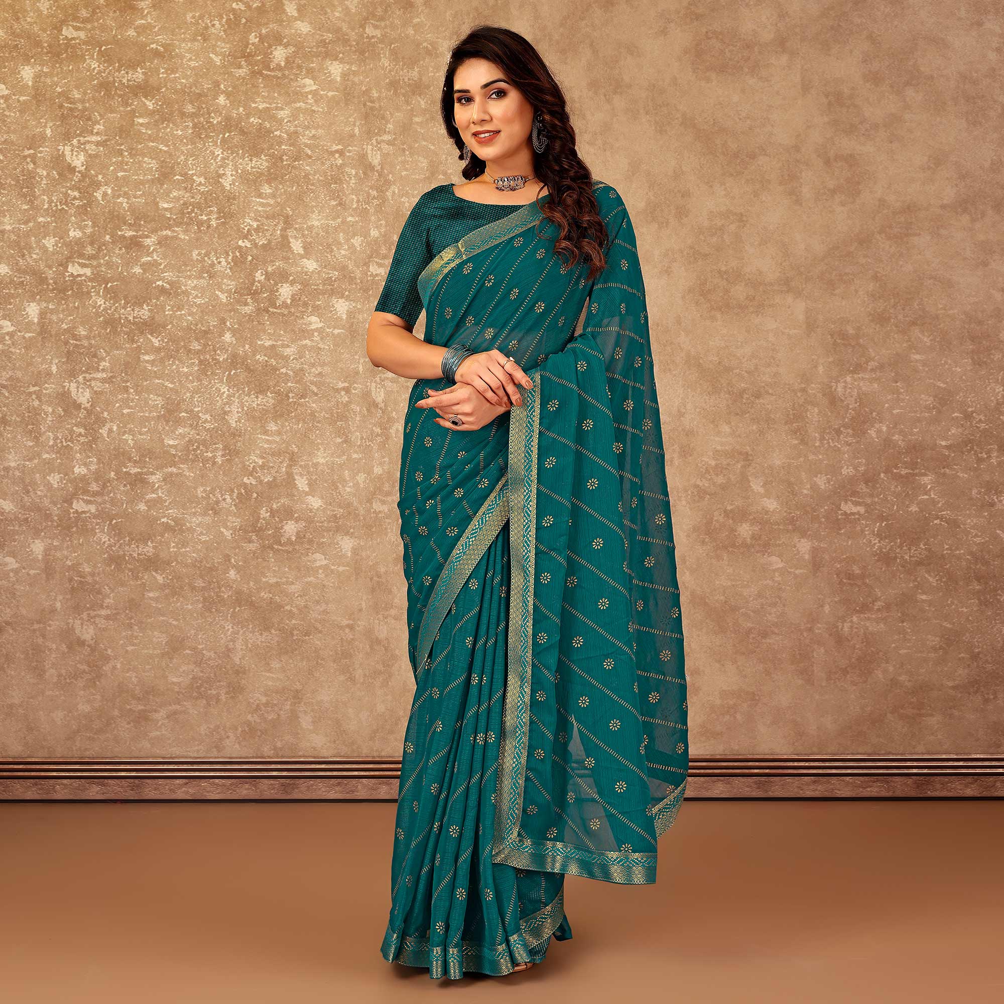 Teal Floral Foil Printed Chiffon Saree With Lace Border