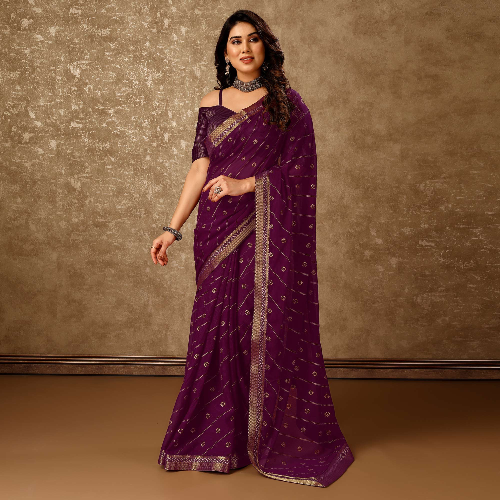 Purple Floral Foil Printed Chiffon Saree With Lace Border