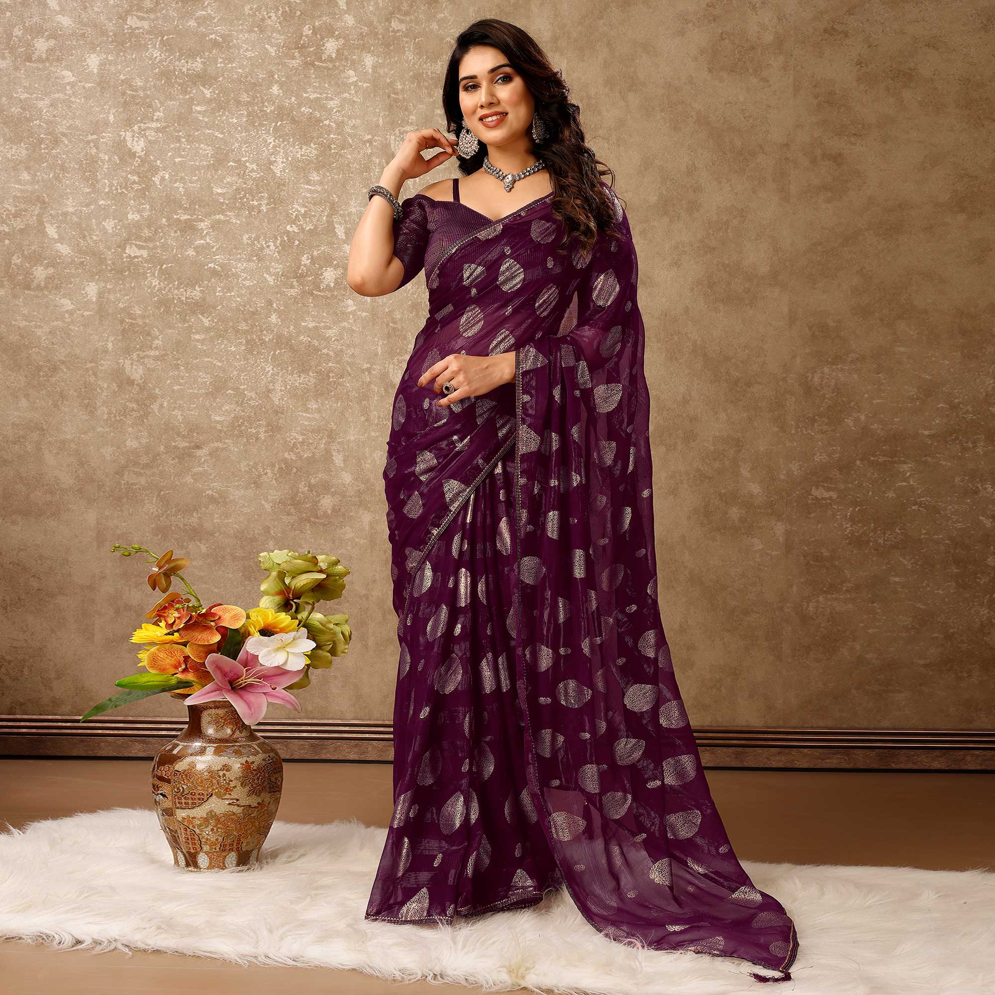 Purple Foil Printed Chiffon Saree With Gota Patti Lace Border