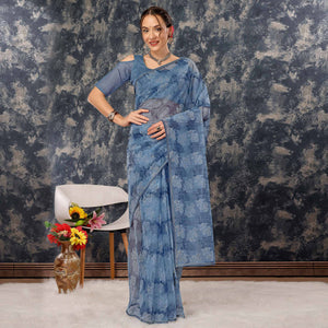 Blue Floral Printed With Zari Work Cotton Silk Saree