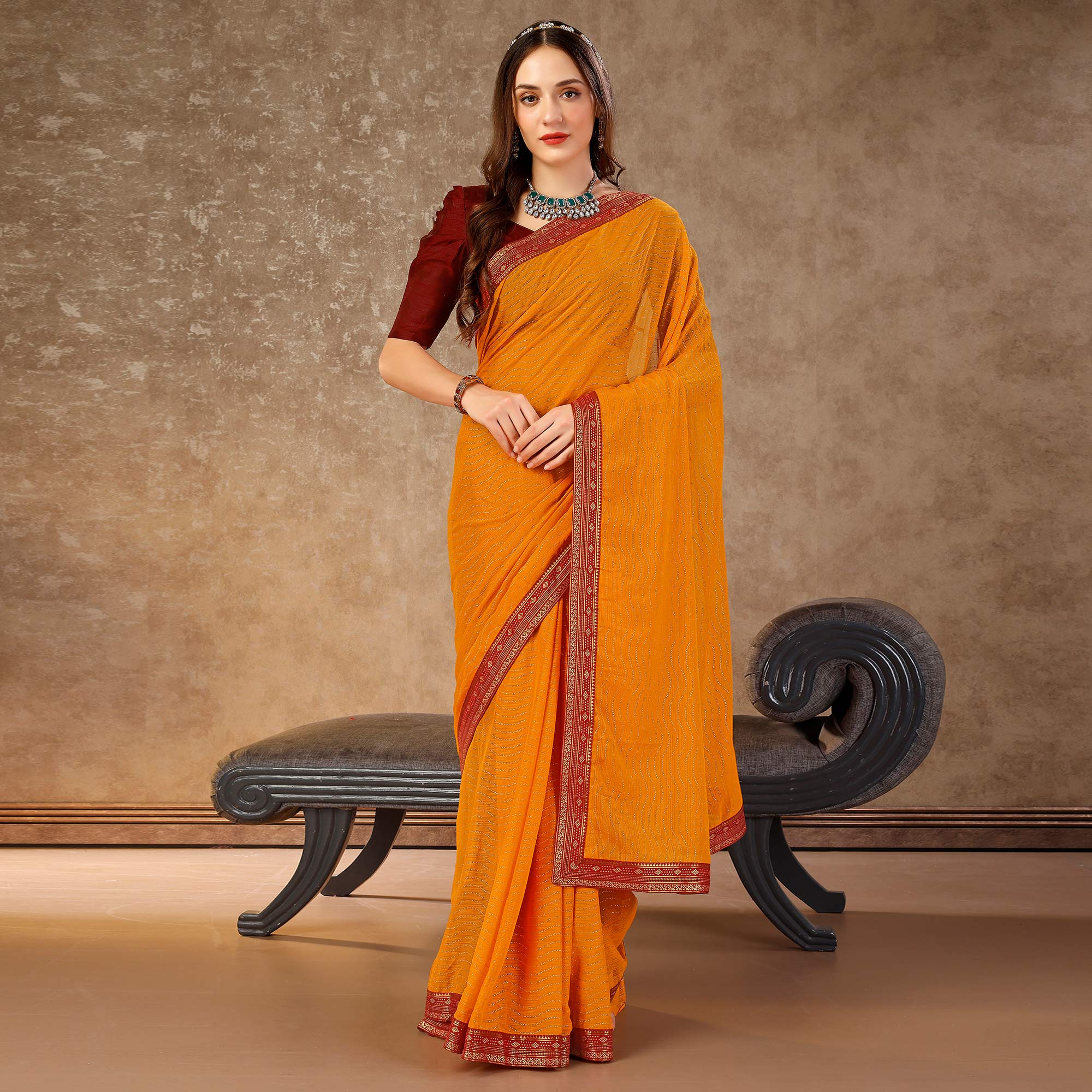 Yellow Zari Embroidery Chiffon Saree With Lace Border