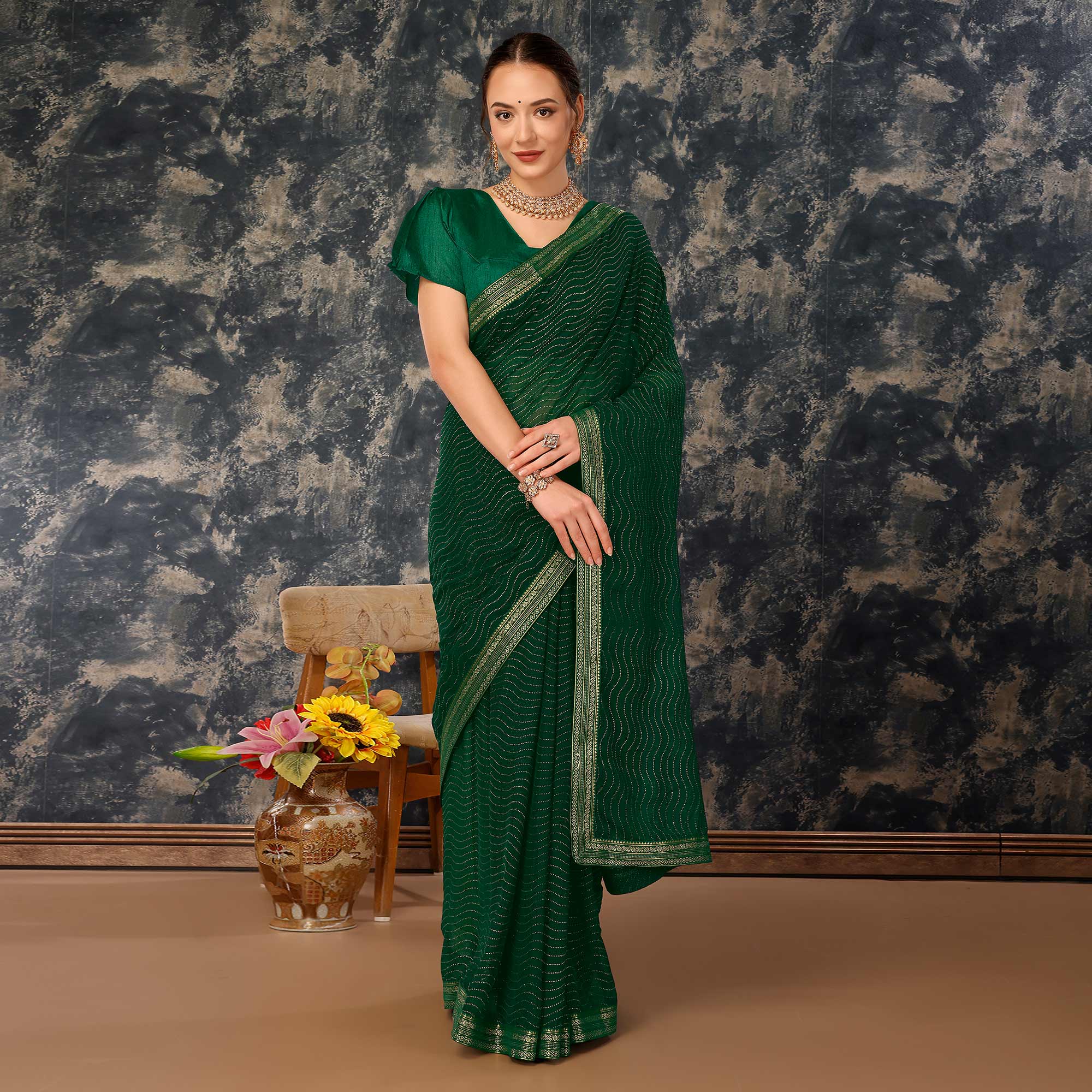 Green Zari Embroidery Chiffon Saree With Lace Border