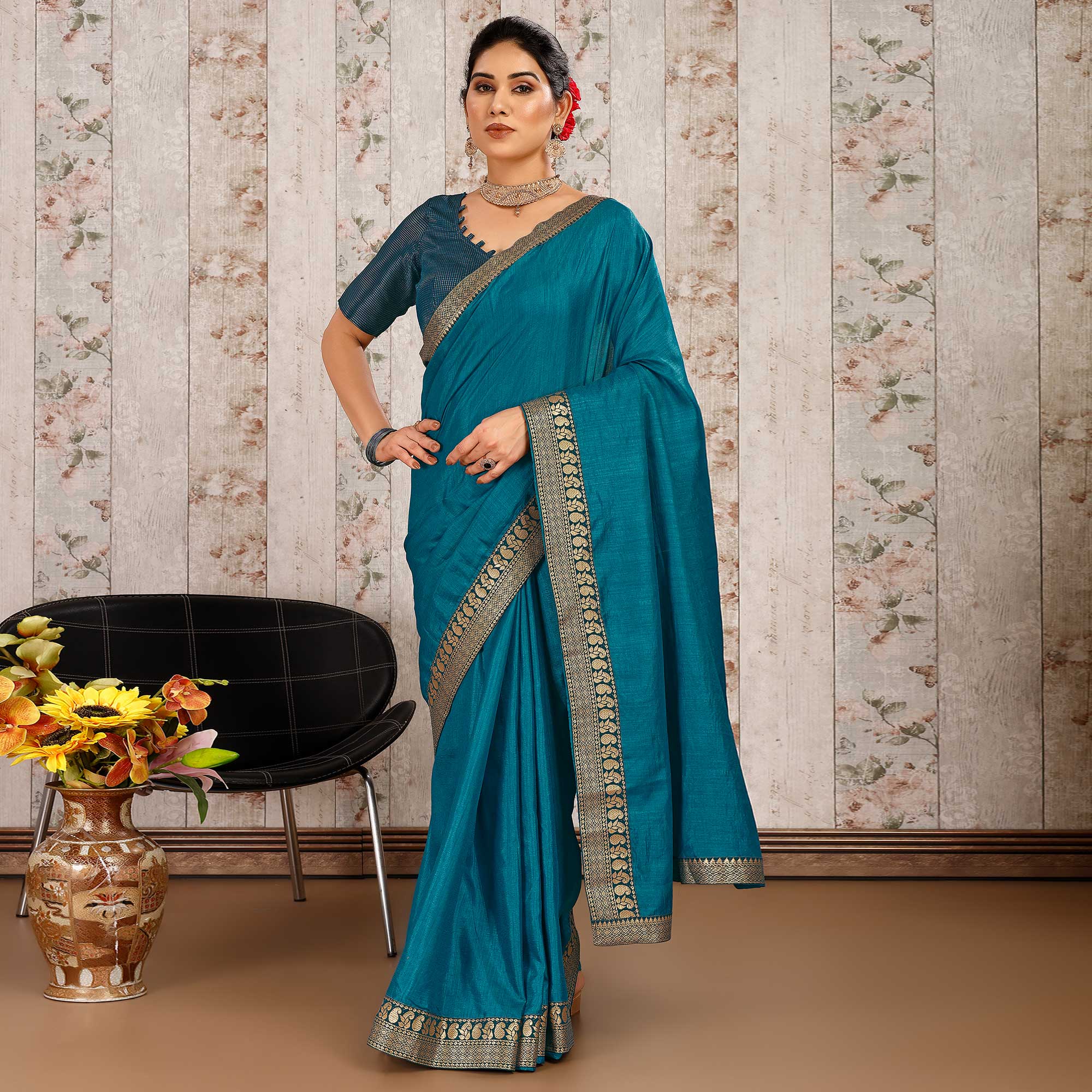 Teal Blue Solid Saree Vichitra Silk With Zari Lace Border