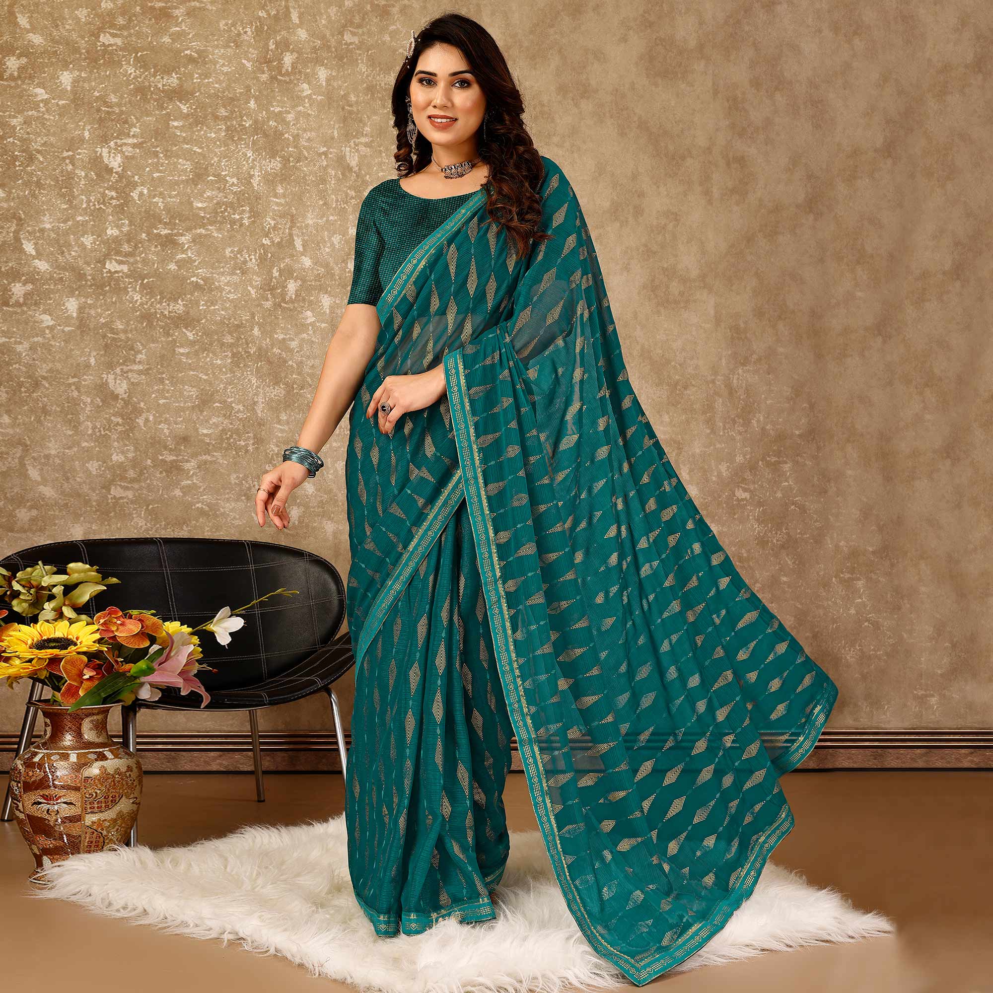 Teal Foil Printed Chiffon Saree With Lace Border