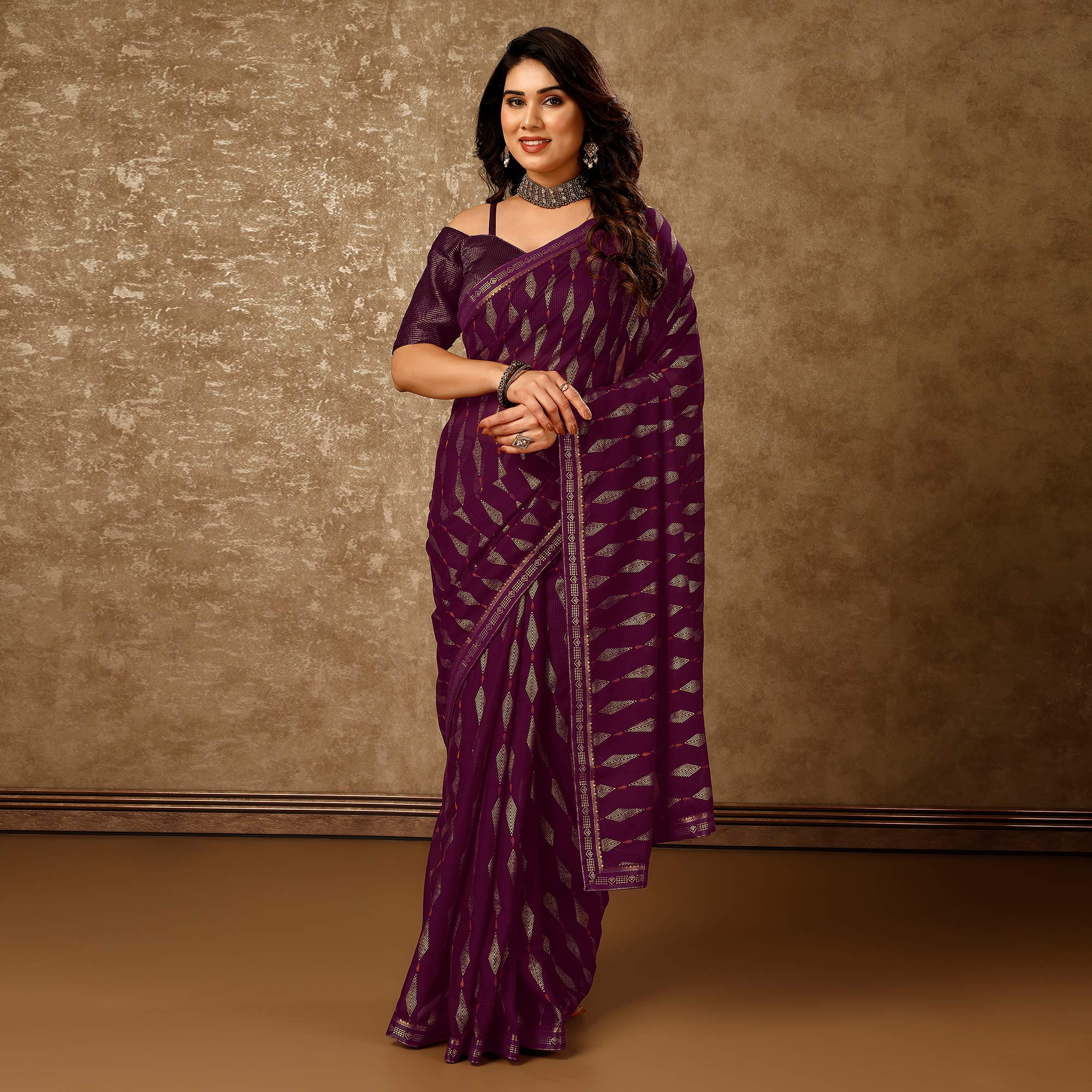 Purple Foil Printed Chiffon Saree With Lace Border