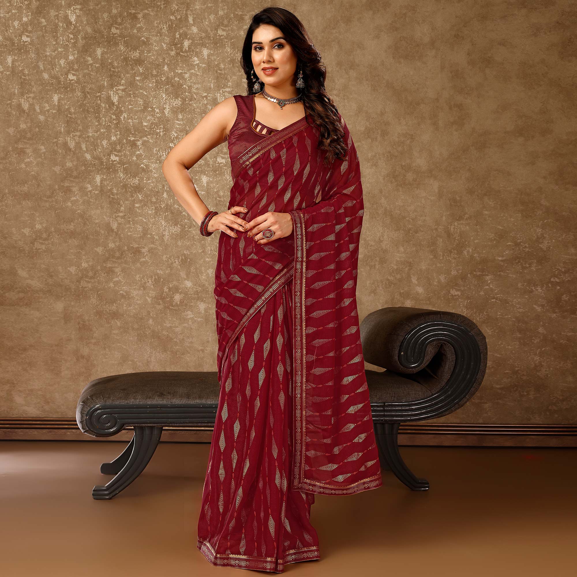 Maroon Foil Printed Chiffon Saree With Lace Border