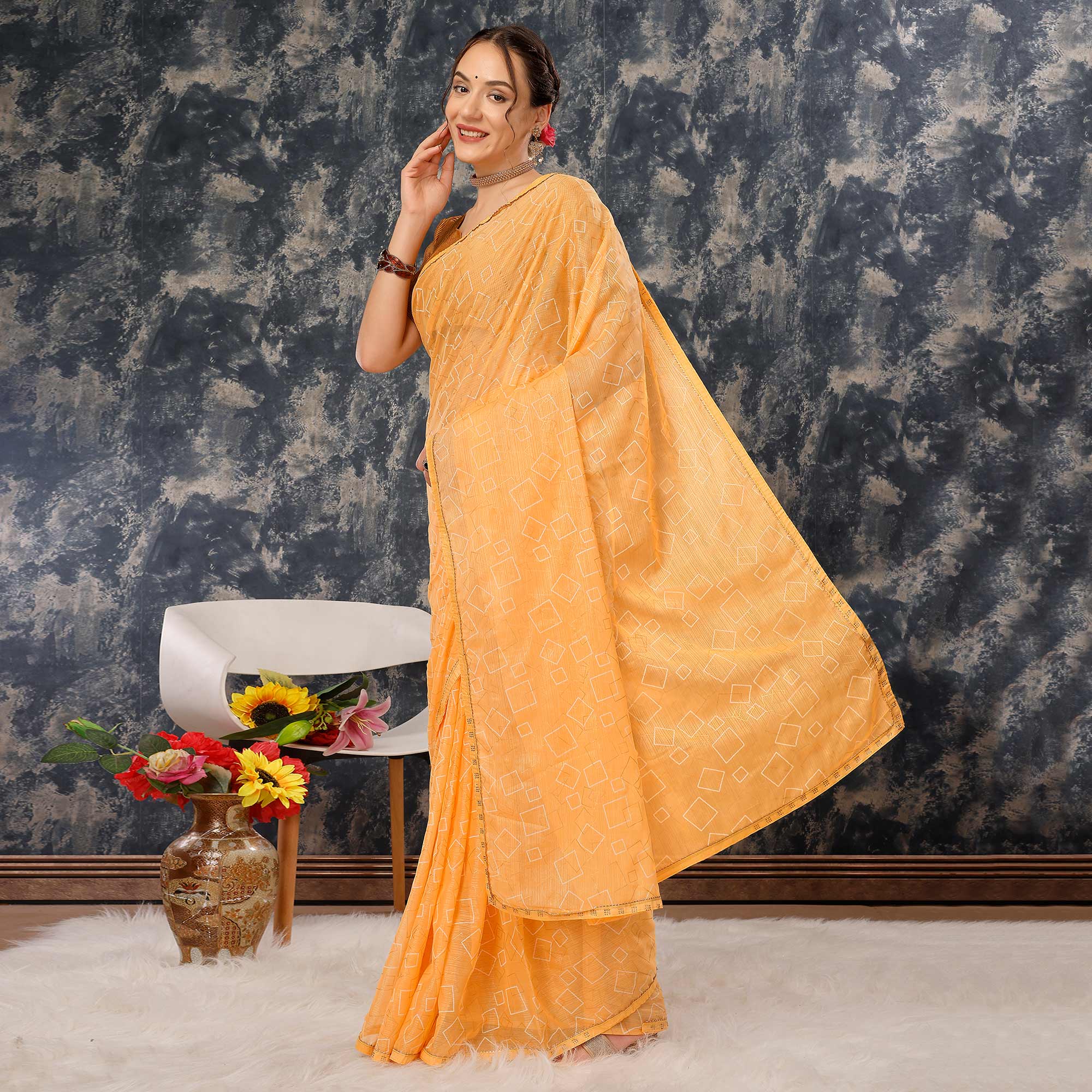 Yellow Printed With Zari Work Chiffon Saree With Lace Border