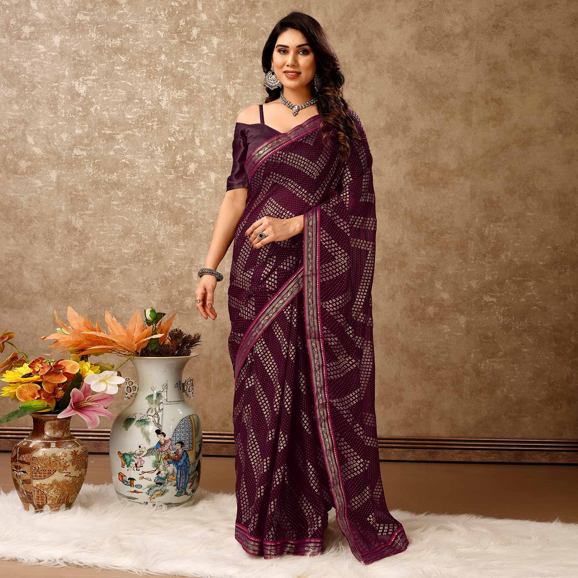 Purple Foil Printed Chiffon Saree With Lace Border