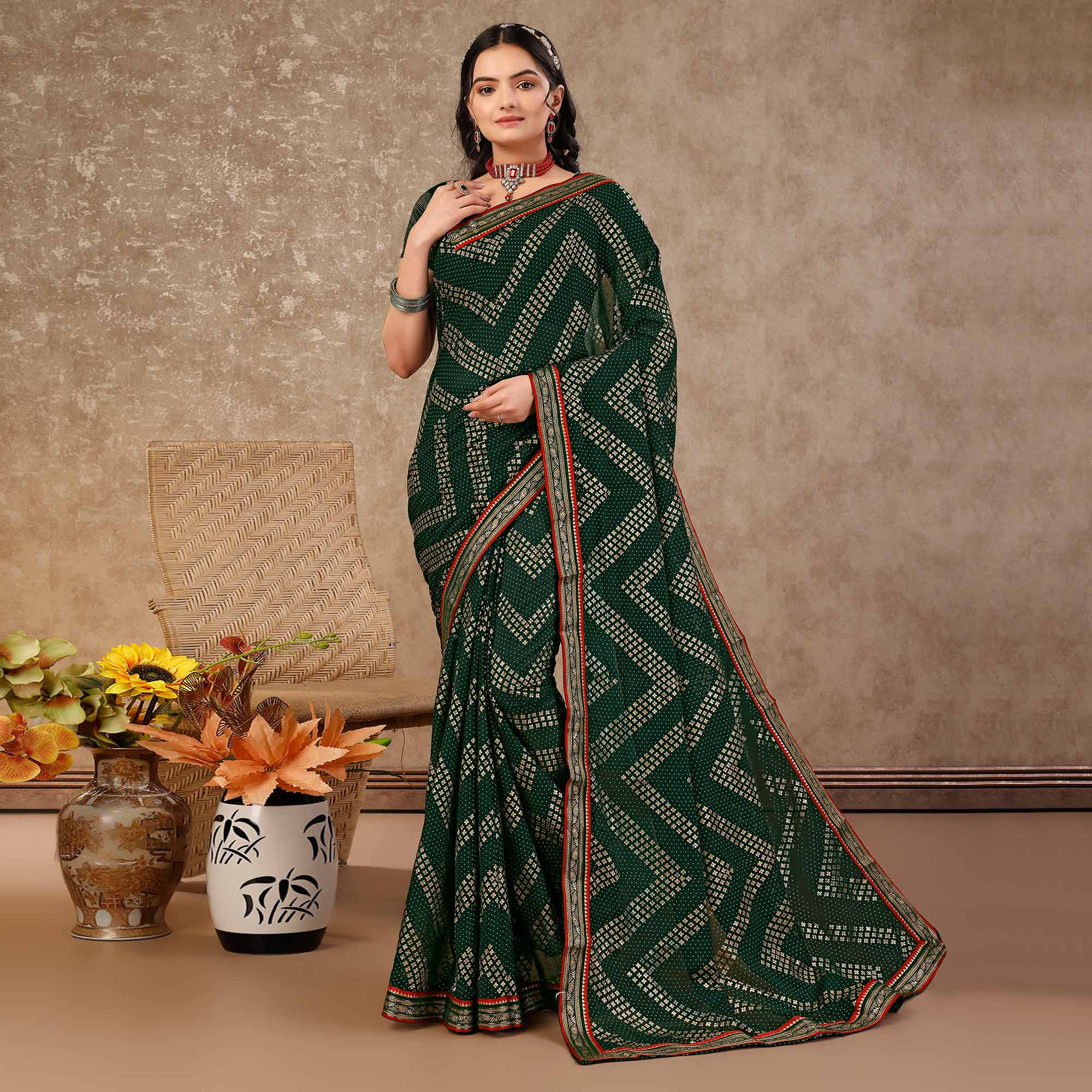 Green Foil Printed Chiffon Saree With Lace Border