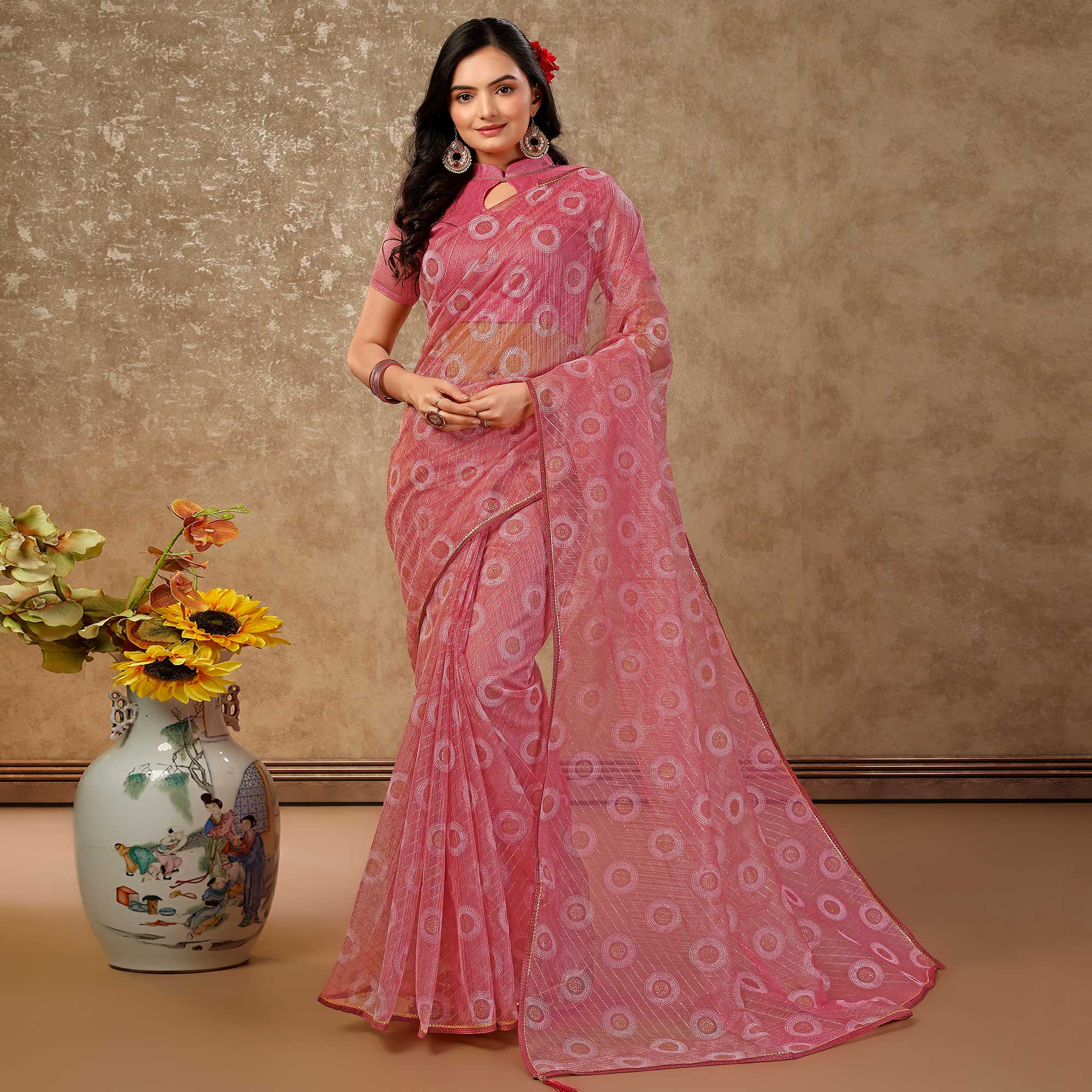 Pink Printed With Zari Work Cotton Silk Saree With Lace Border