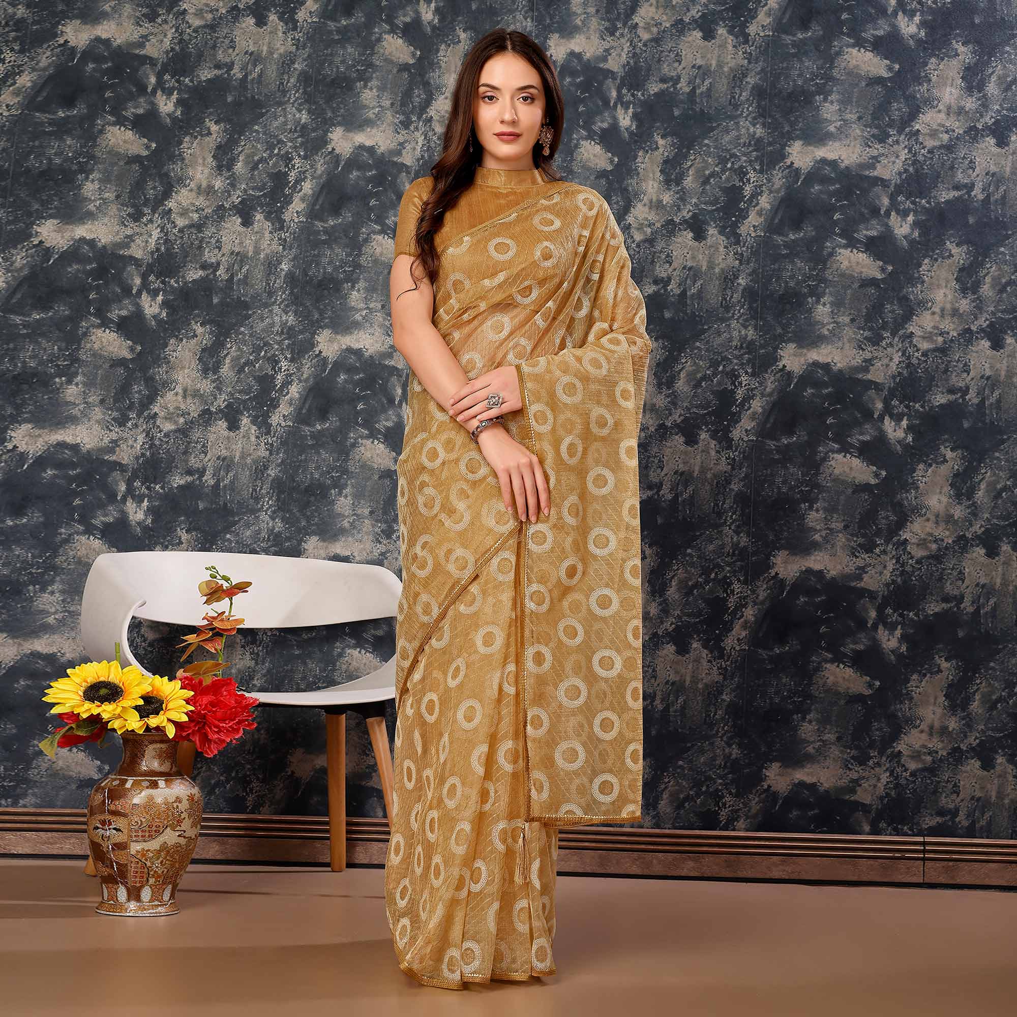 Chikoo Printed With Zari Work Cotton Silk Saree With Lace Border