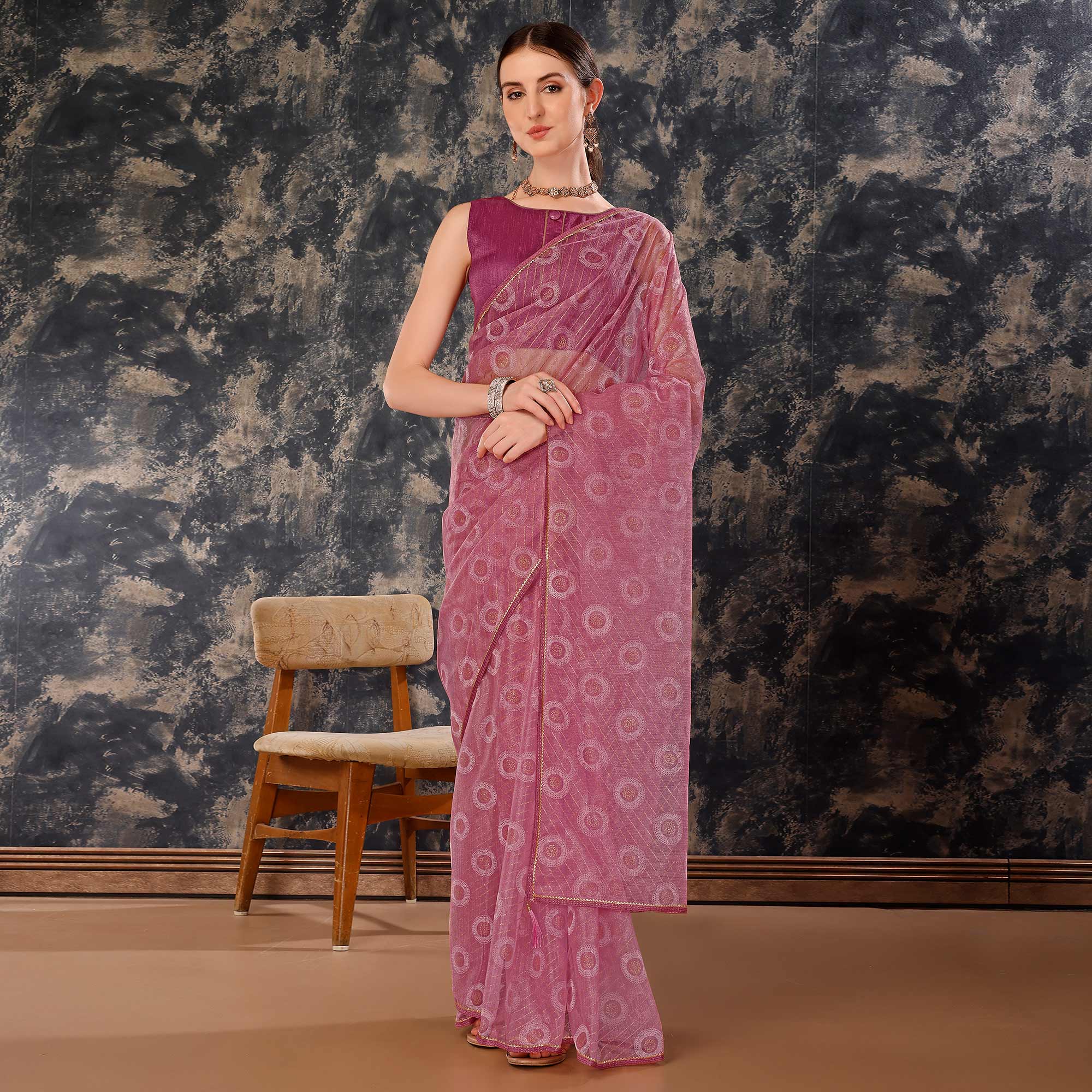 Purple Printed With Zari Work Cotton Silk Saree With Lace Border