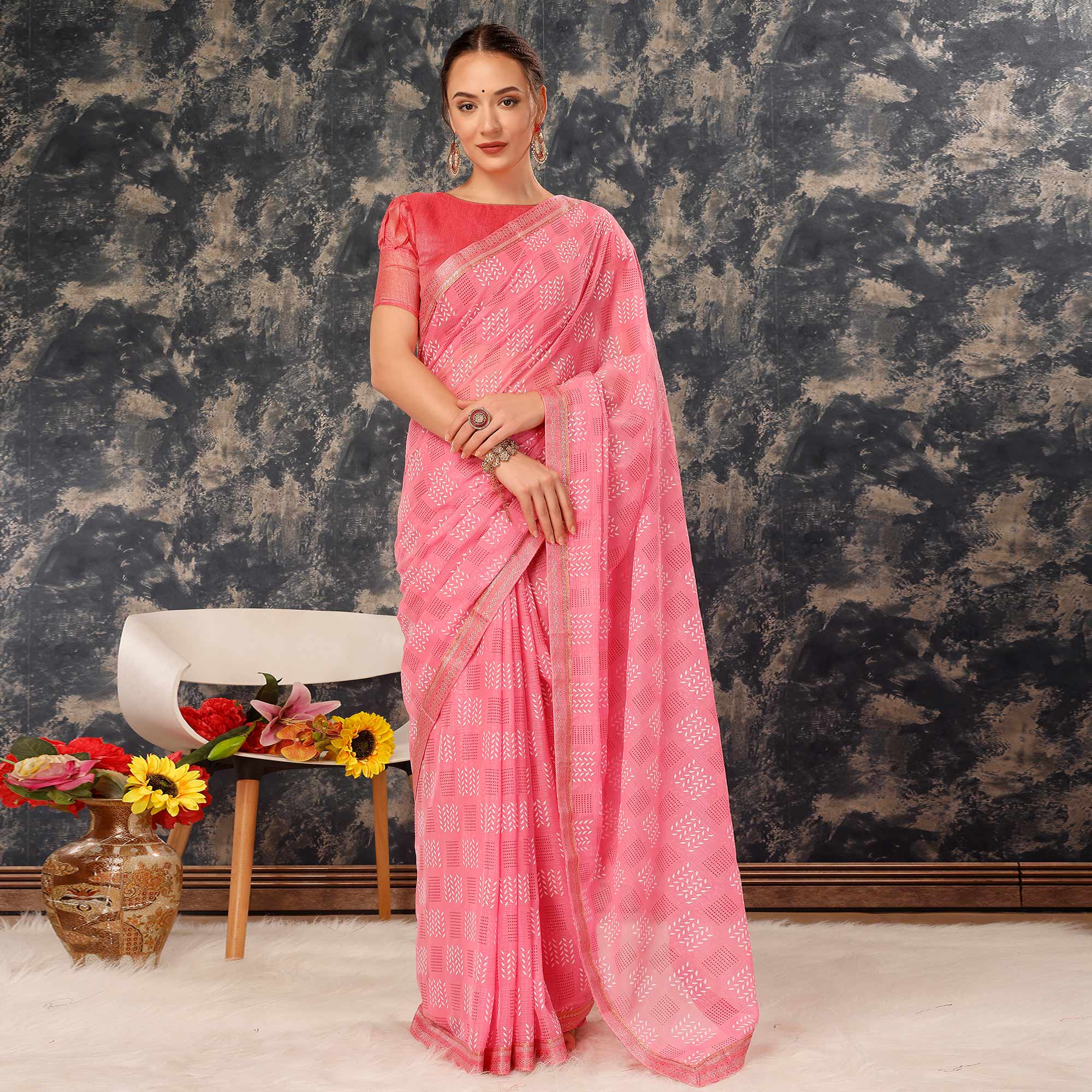 Pink Printed Chiffon Saree With Lace Border