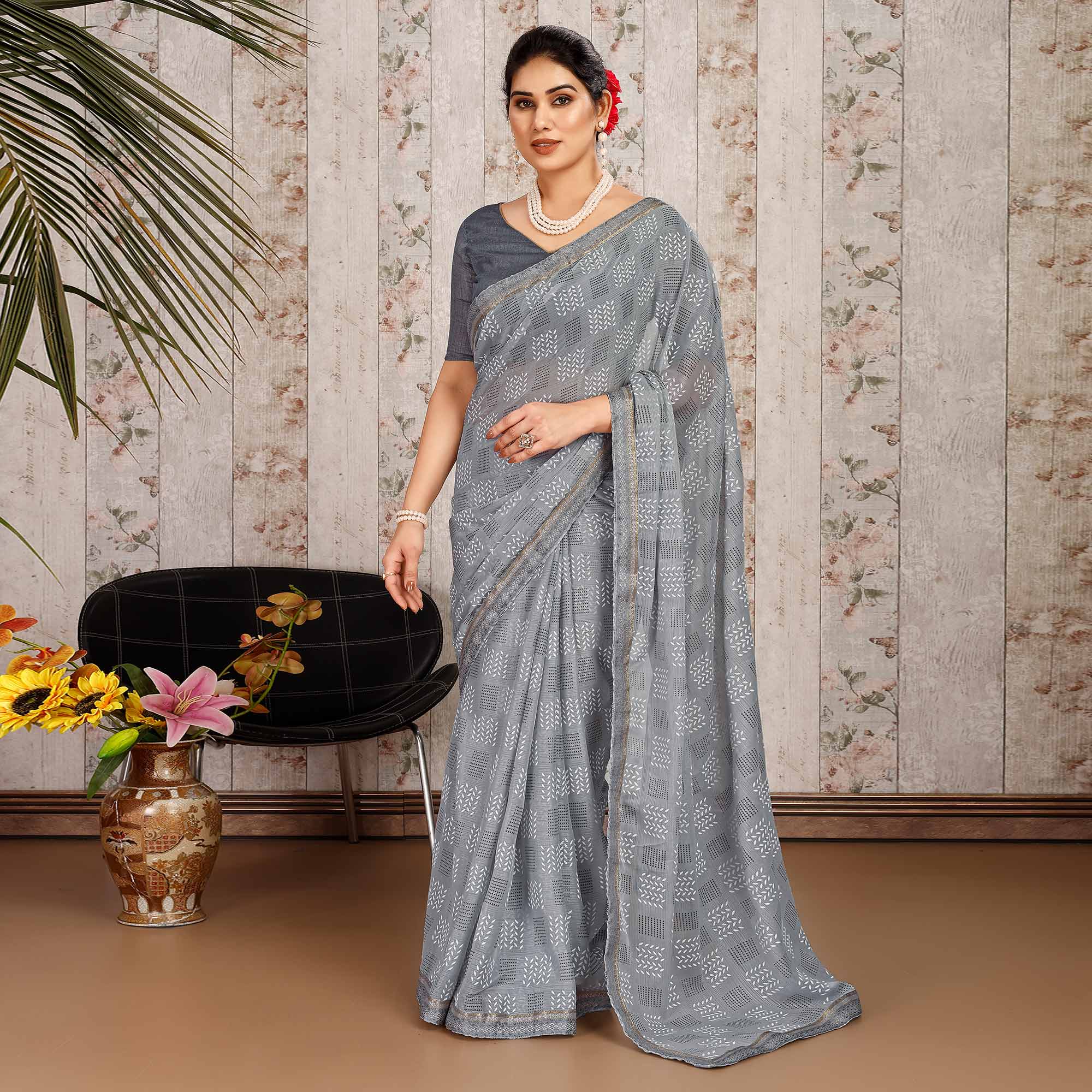 Grey Printed Chiffon Saree With Lace Border