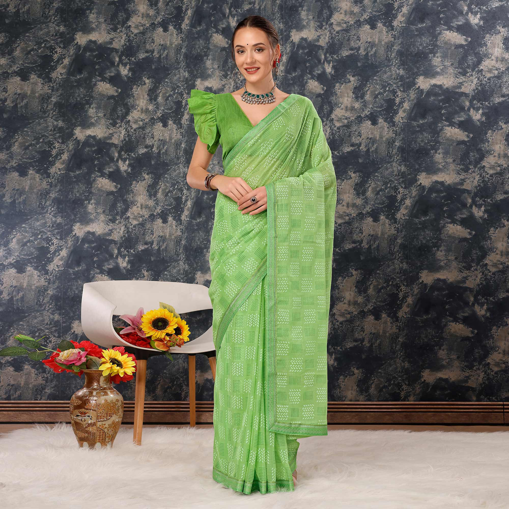 Green Printed Chiffon Saree With Lace Border