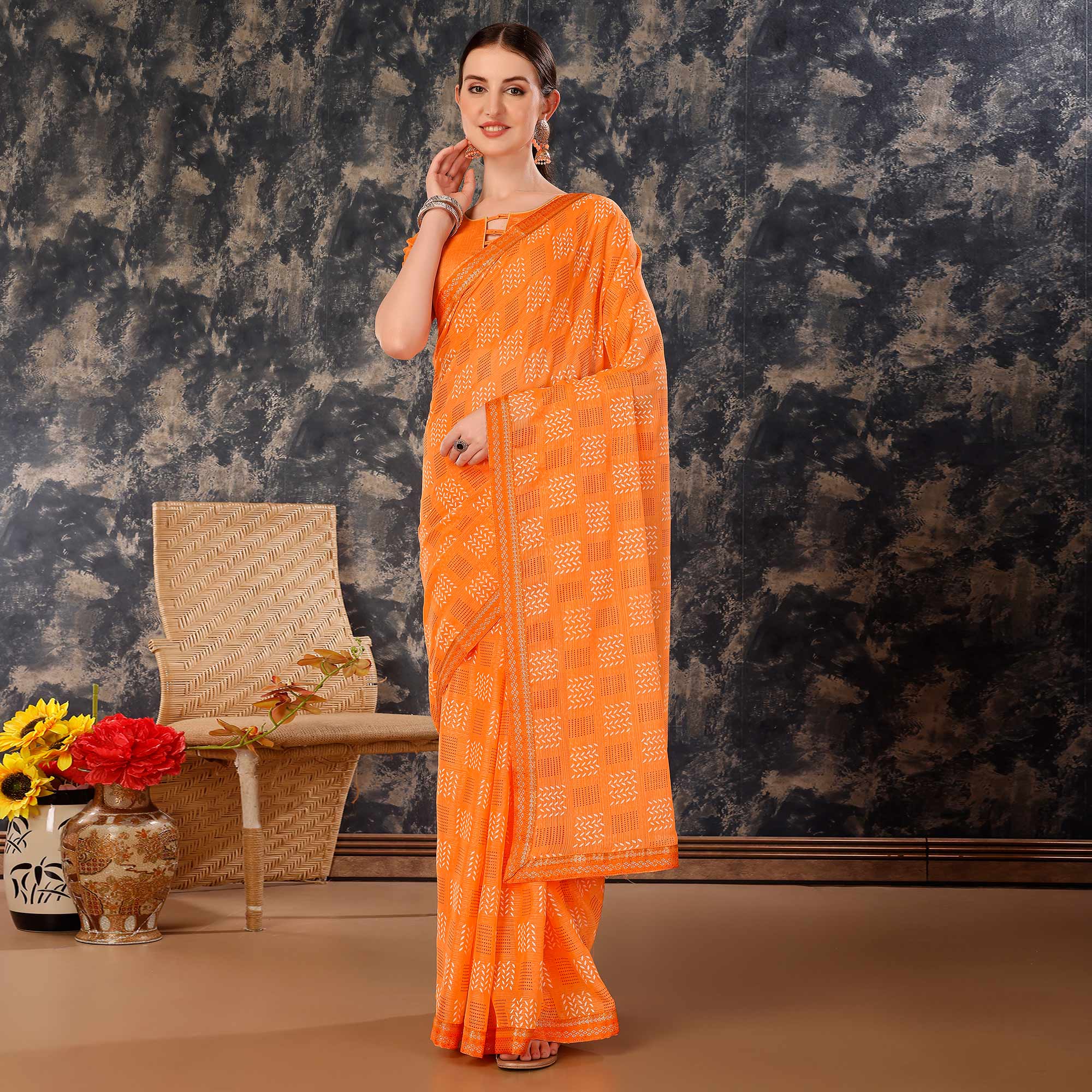 Orange Printed Chiffon Saree With Lace Border