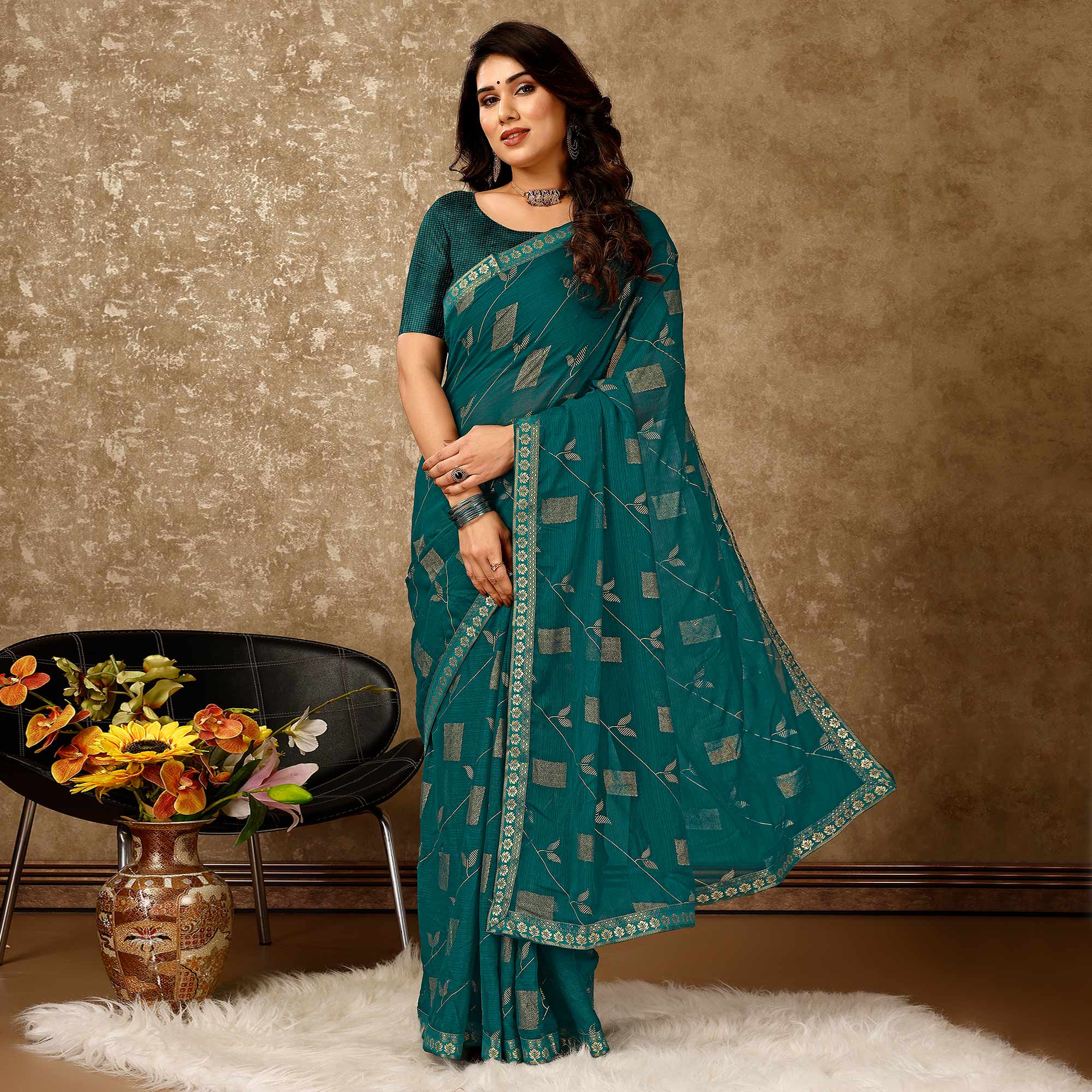 Teal Blue Floral Foil Printed Chiffon Saree With Lace Border