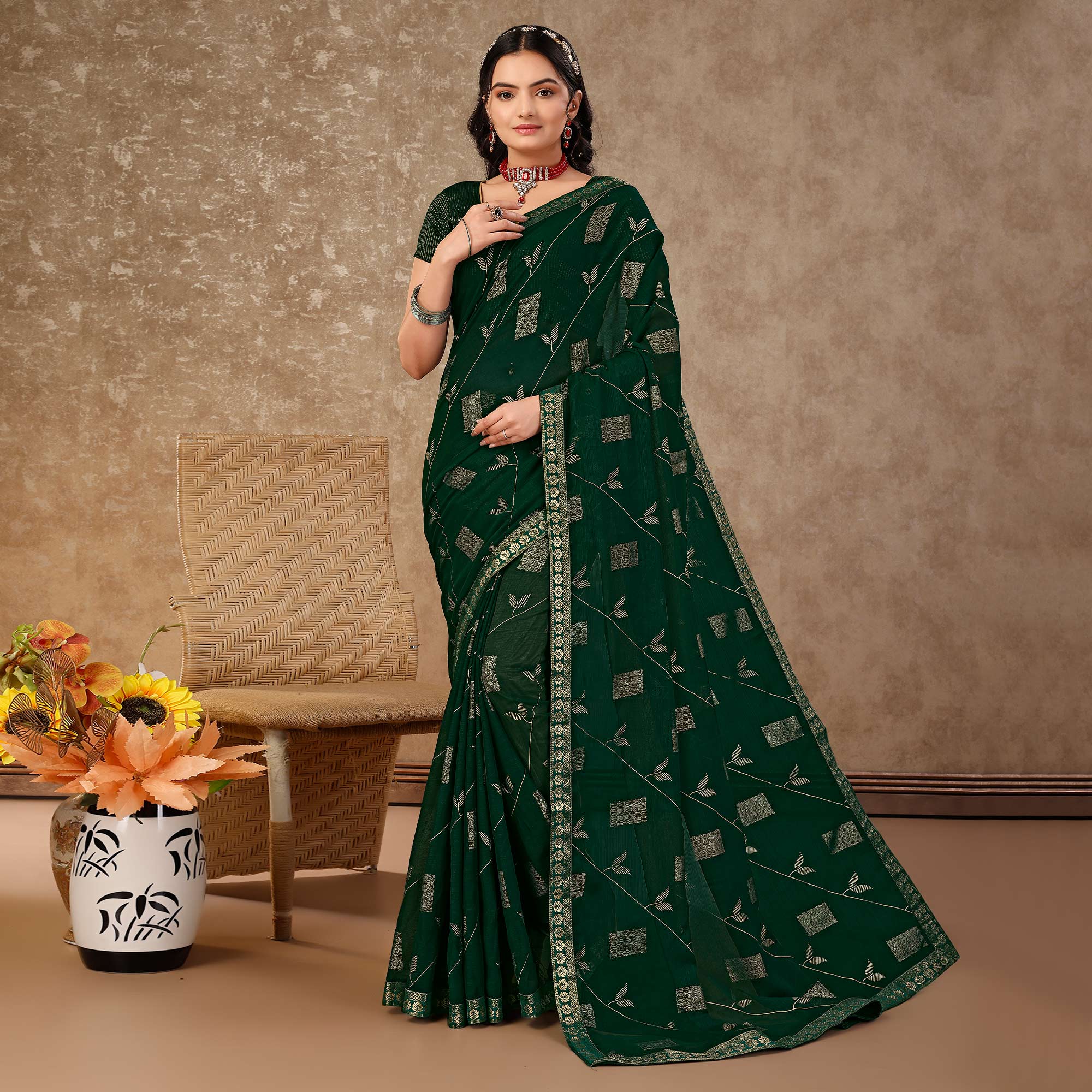 Green Floral Foil Printed Chiffon Saree With Lace Border