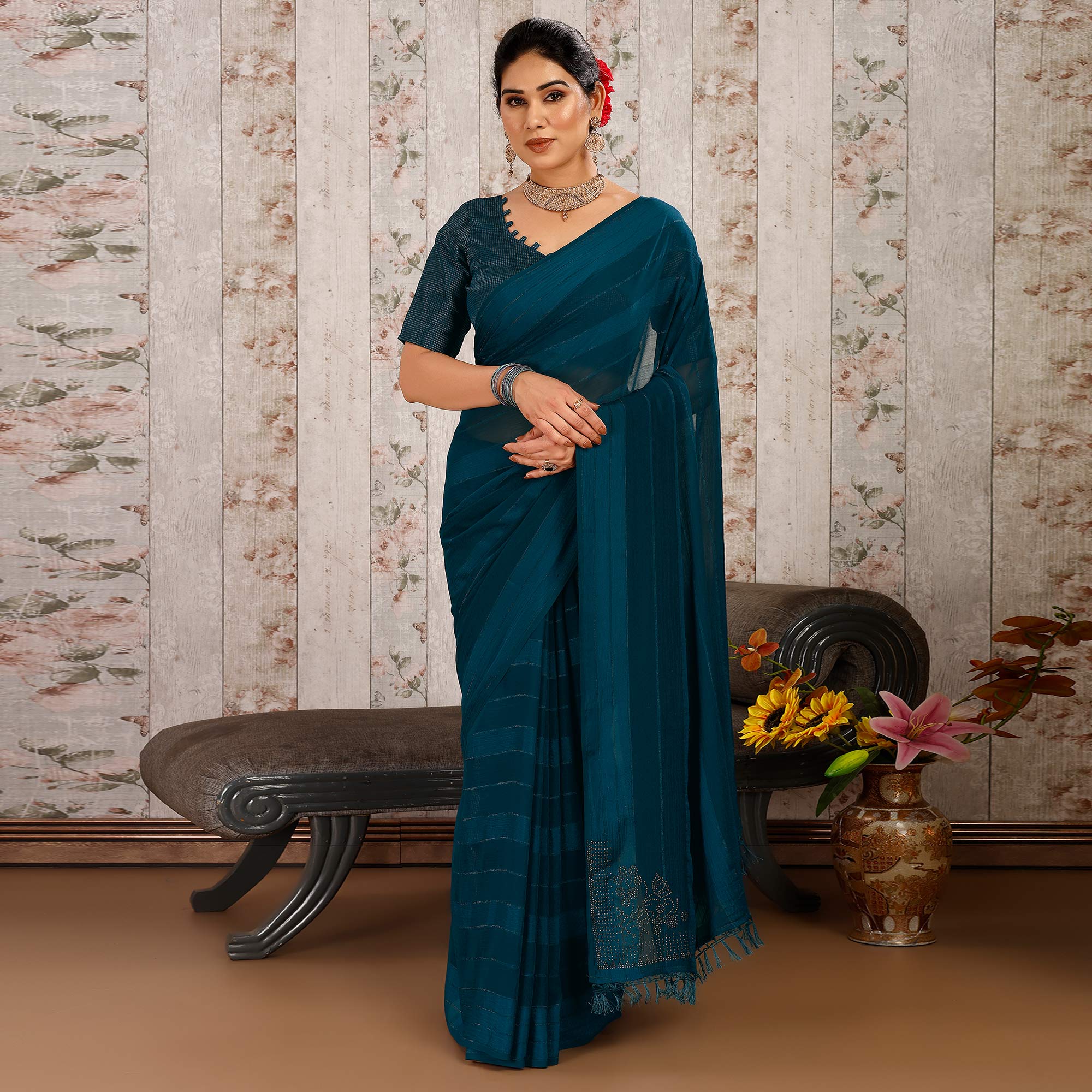 Morpich Swarovski Work Chiffon Saree With Tassels