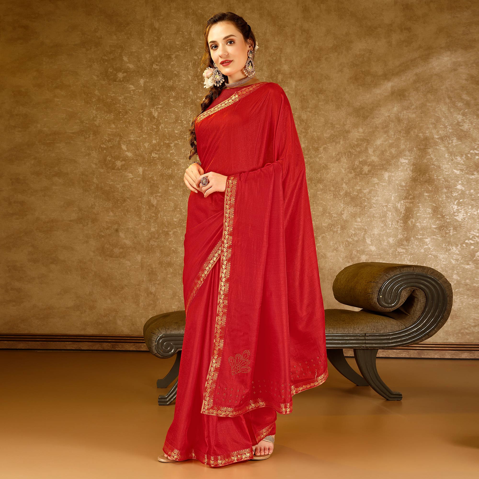 Red Swarovski Work Vichitra Silk Saree With Lace Border