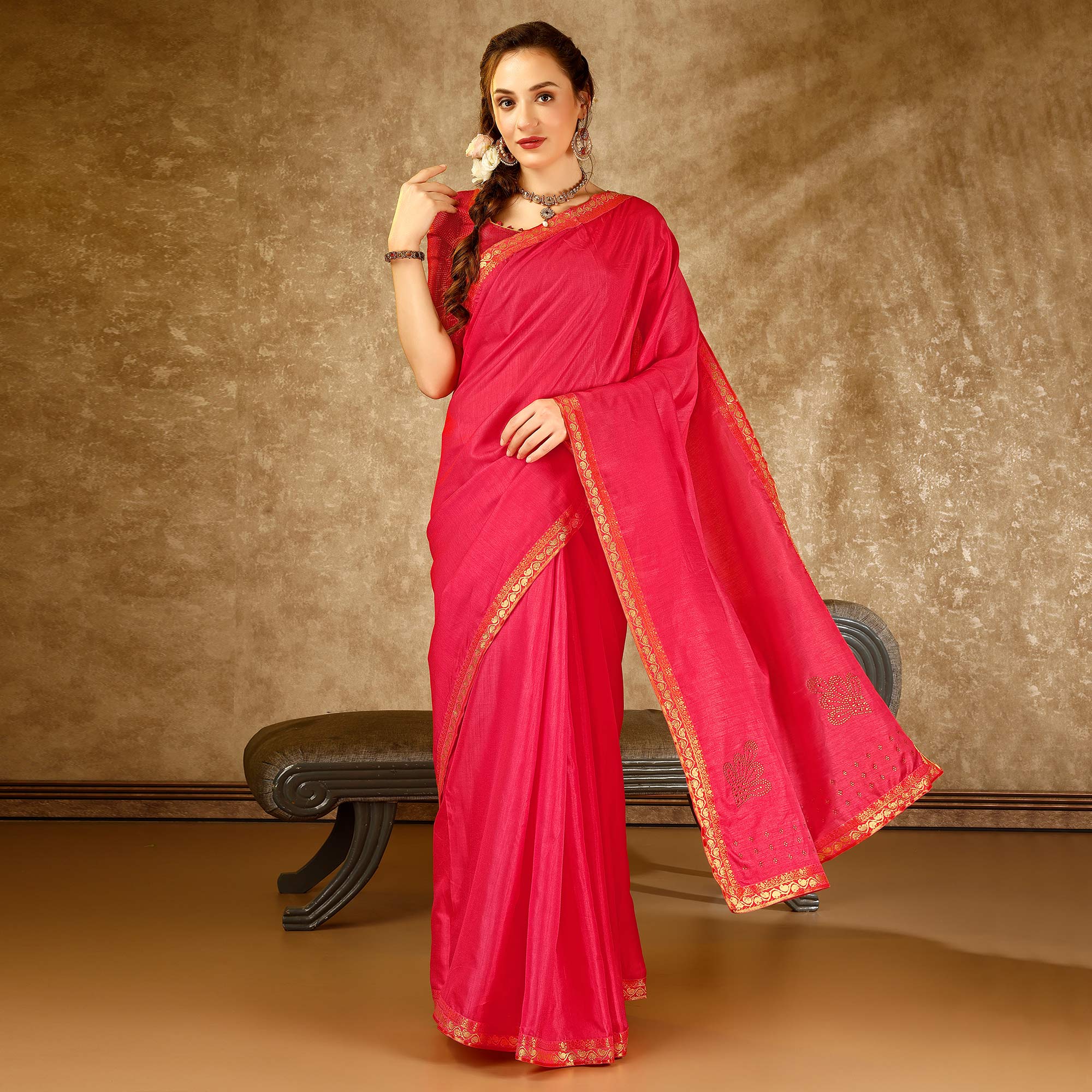 Pink Swarovski Work Vichitra Silk Saree With Lace Border