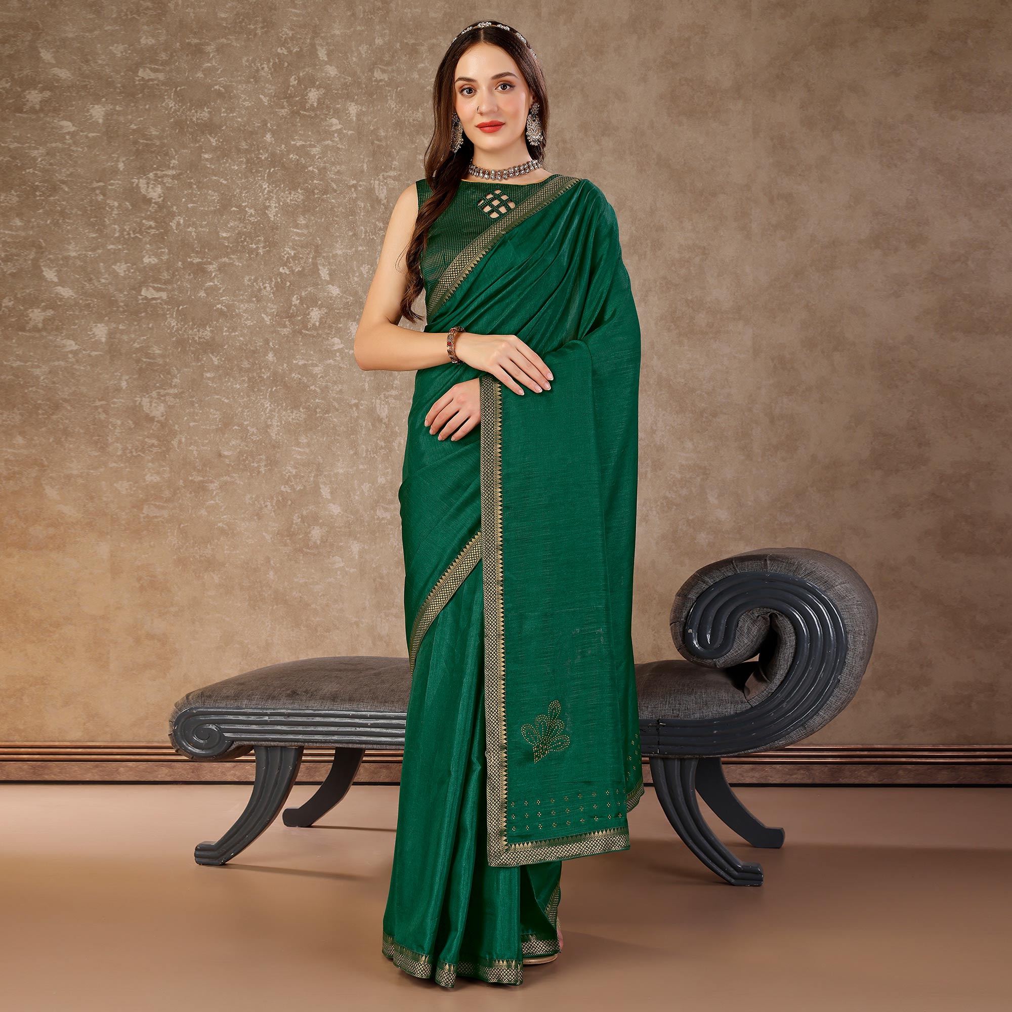 Green Swarovski Work Vichitra Silk Saree With Lace Border