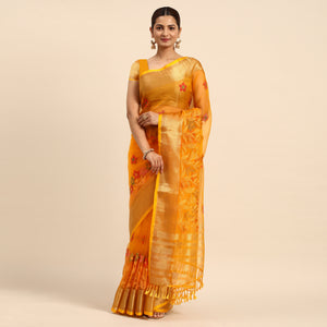 Yellow Floral Embroidered Organza Saree