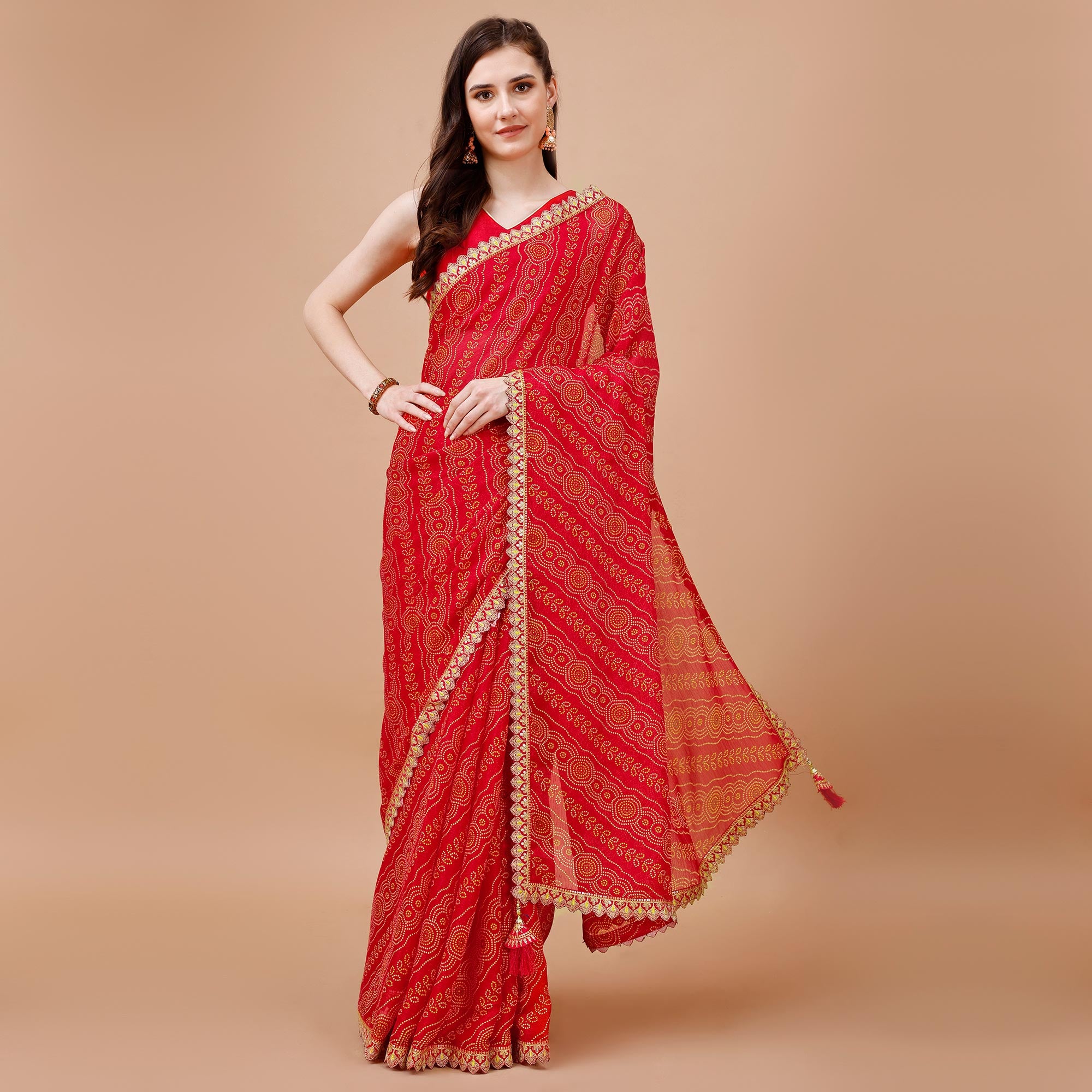 Red Bandhani Printed Chiffon Saree